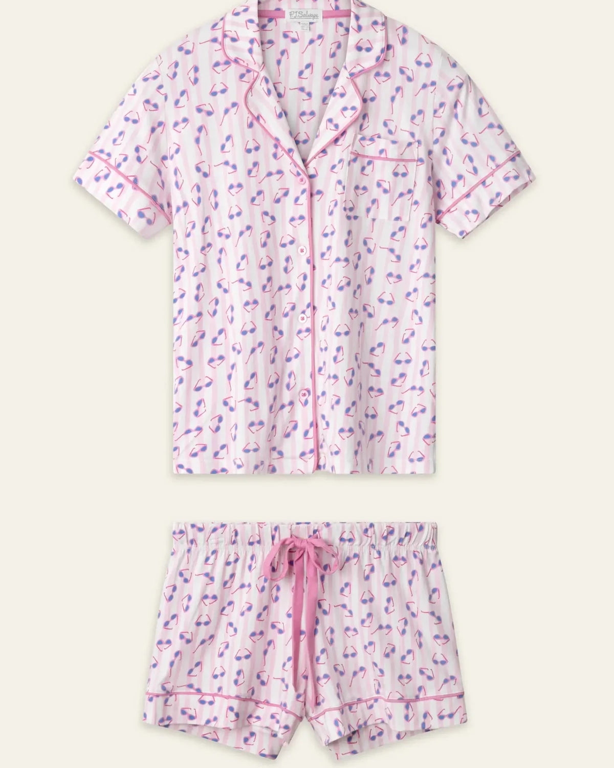 PJ Salvage Whimsy Button Up & Short Short Set in pink and purple floral print on a light background.