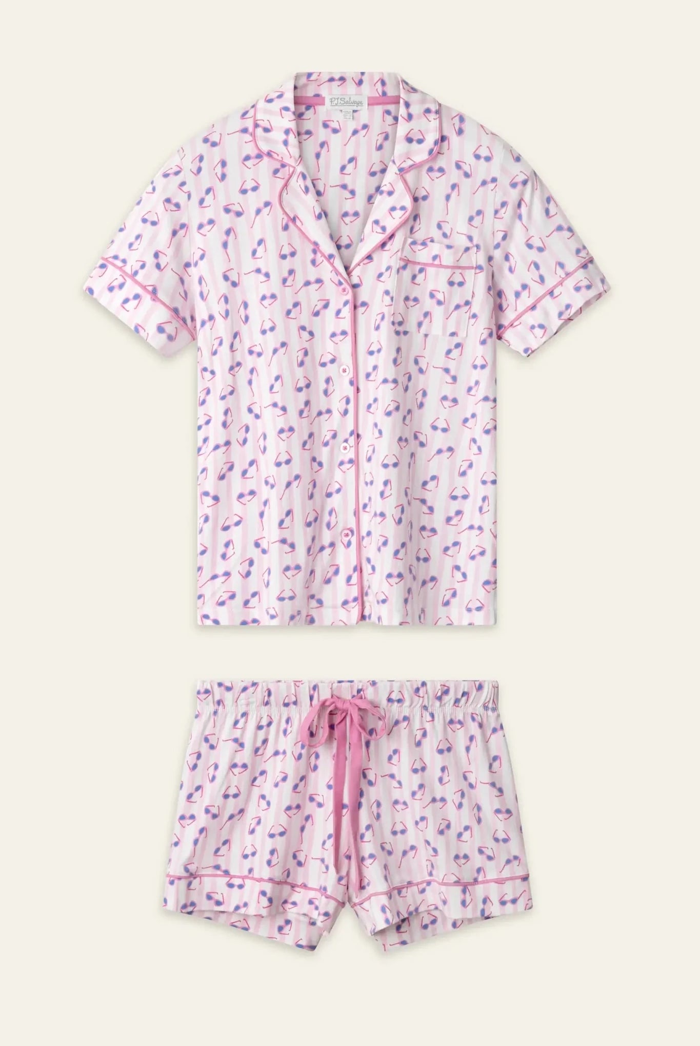 PJ Salvage Whimsy Button Up & Short Short Set in pink and purple floral print on a light background.