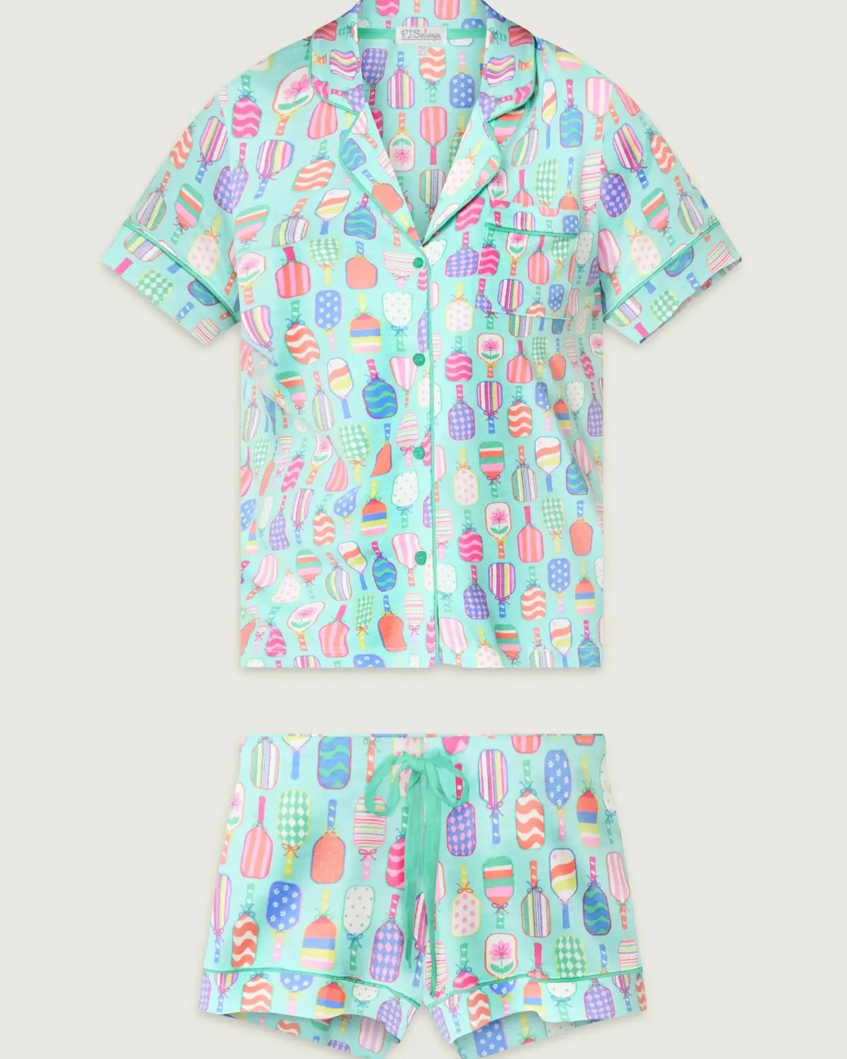 PJ Salvage Whimsy Button Up & Short Short Set in colorful print featuring ice cream and fruit designs.