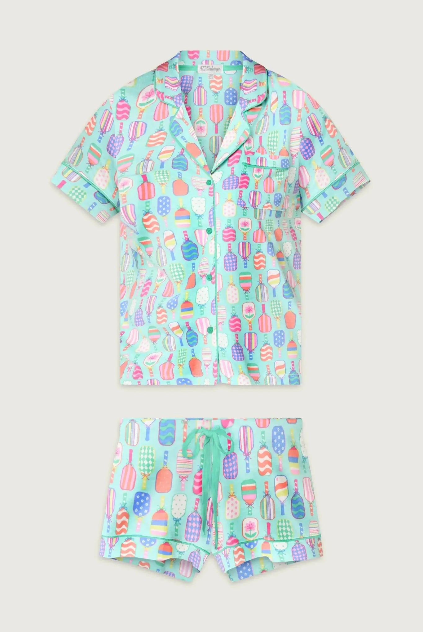 PJ Salvage Whimsy Button Up & Short Short Set in colorful print featuring ice cream and fruit designs.