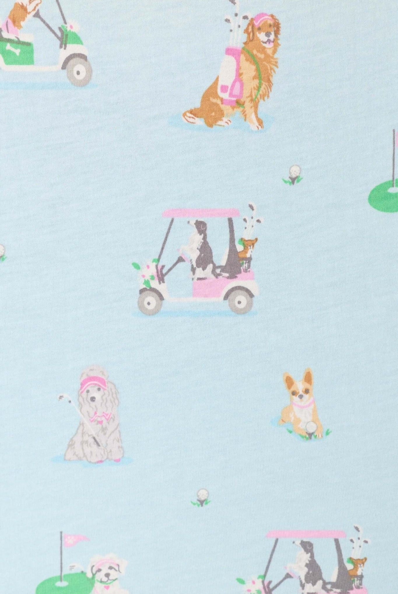 PJ SALVAGE Whimsy Cropped PJ Set in Light Blue Putter Pup print showing dogs golfing. Close up of the print