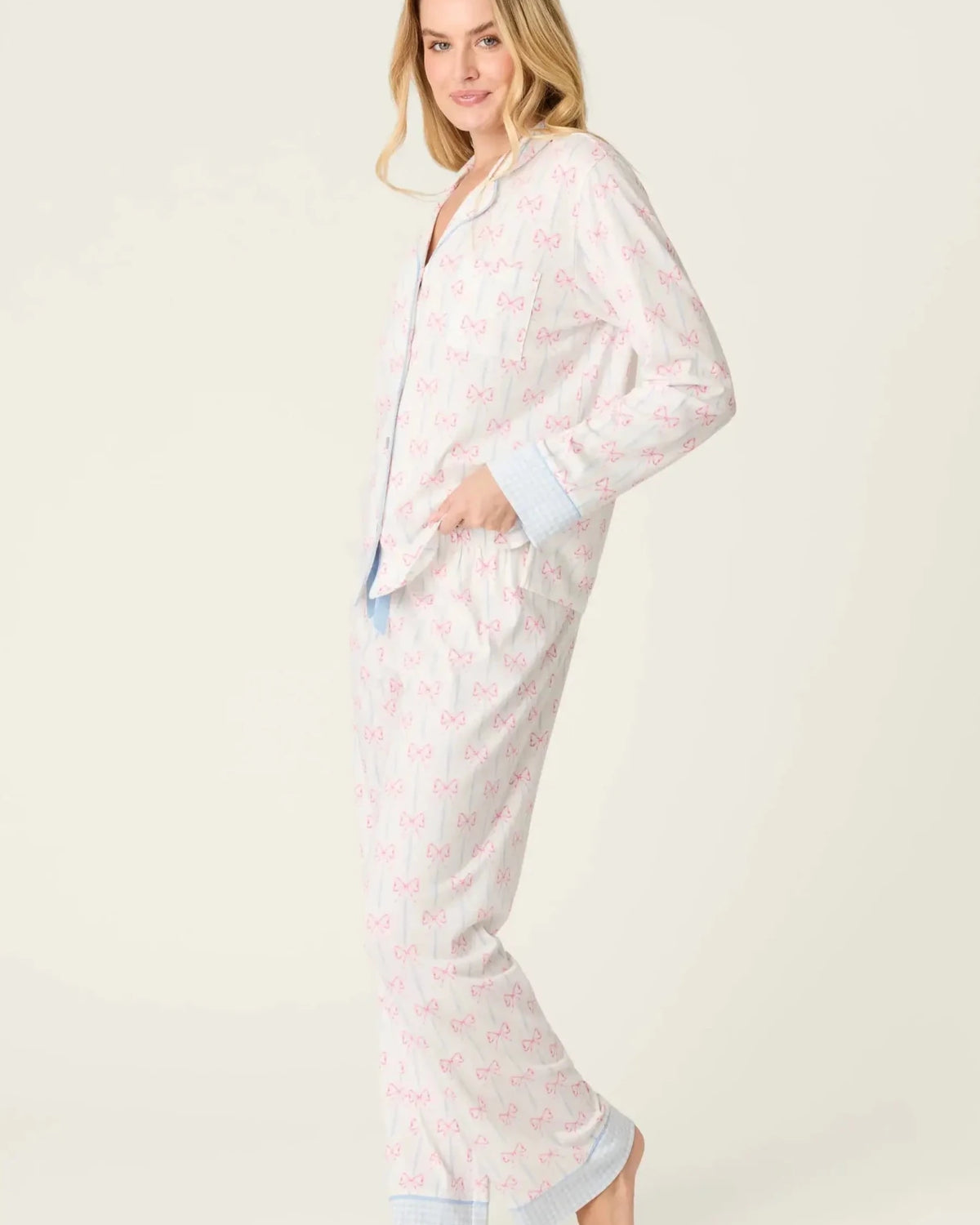 Playful Prints Cotton-Modal Long Sleeve Pajama Set by PJ Salvage in All Wrapped Up Pink Bow Print