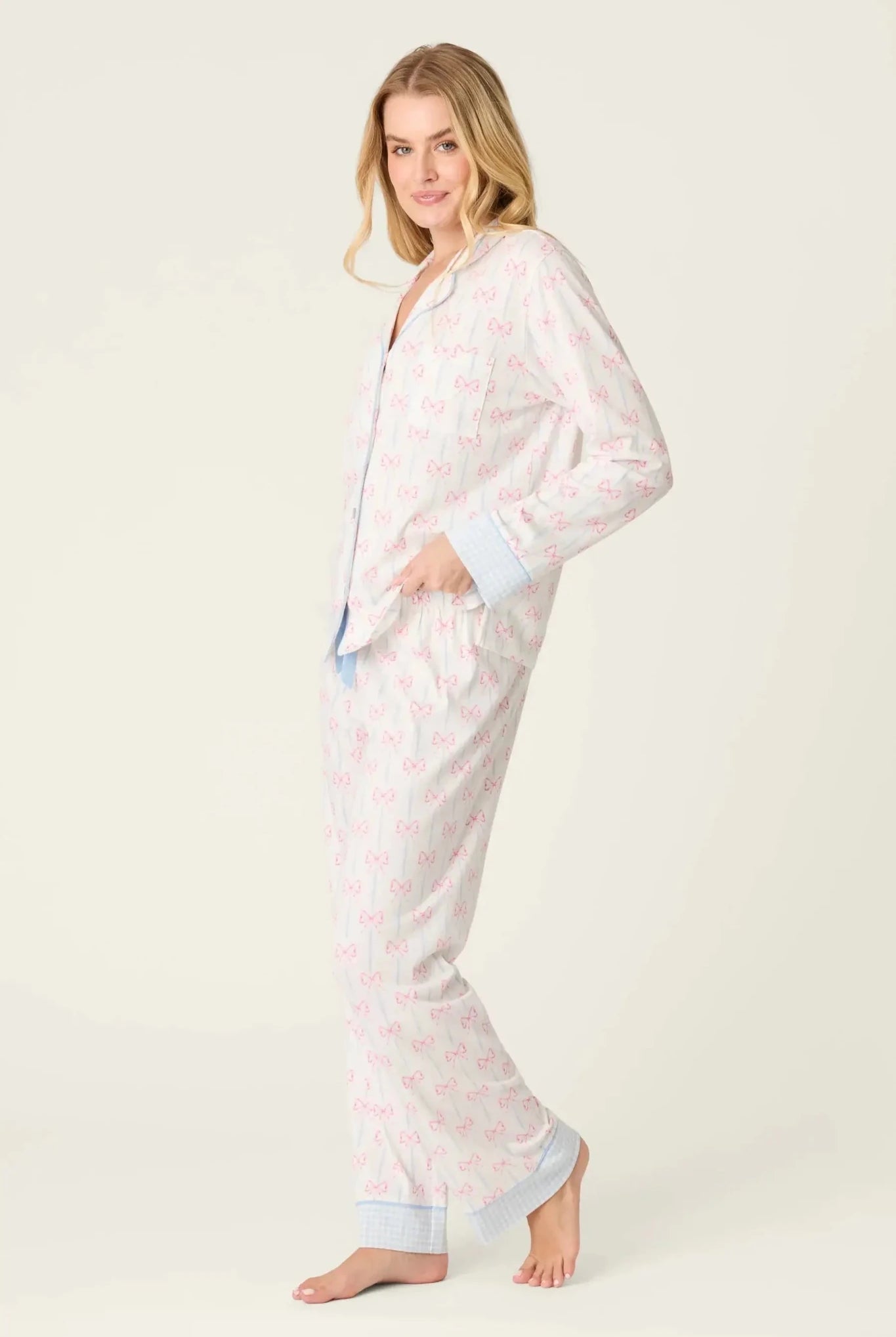 Playful Prints Cotton-Modal Long Sleeve Pajama Set by PJ Salvage in All Wrapped Up Pink Bow Print