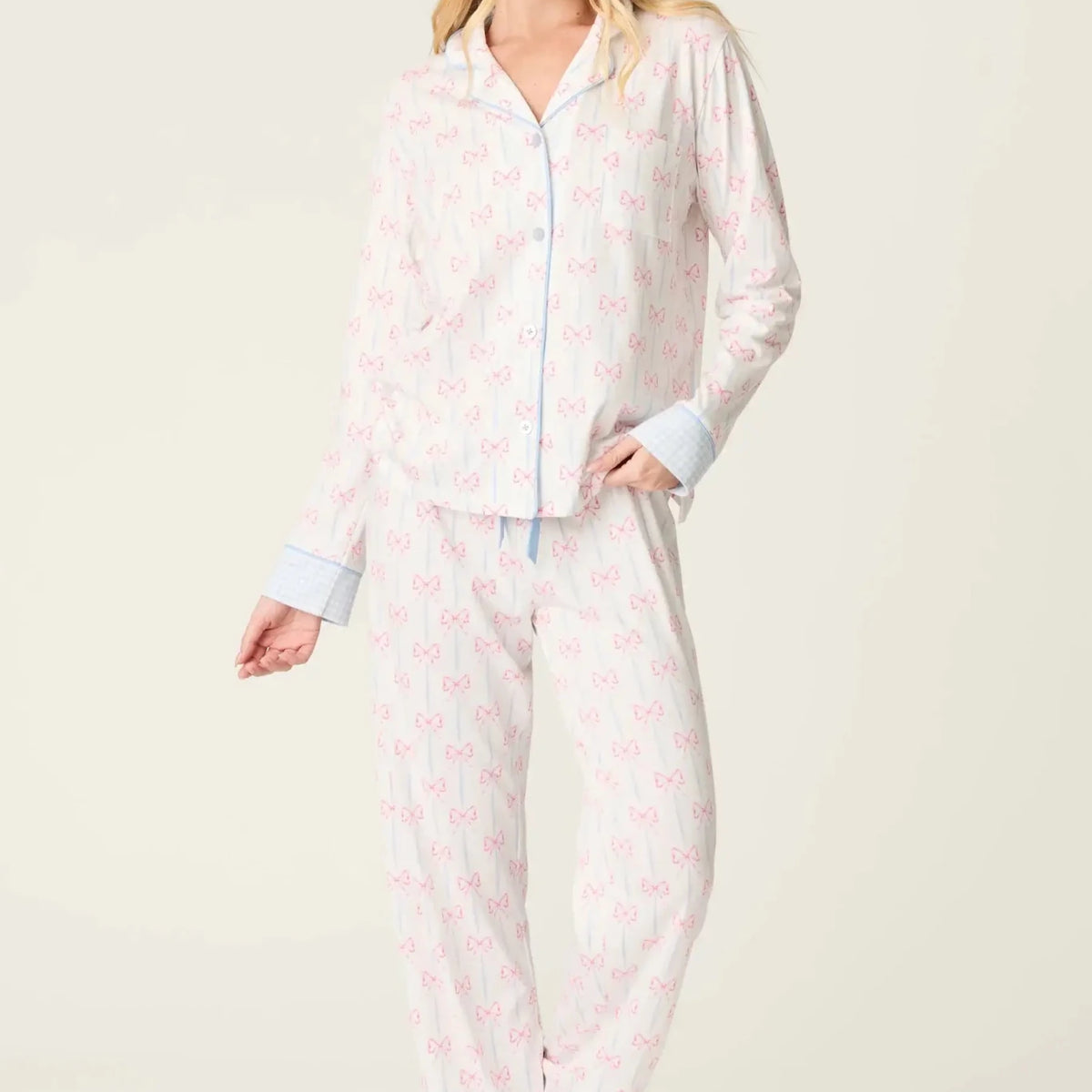 Playful Prints Cotton-Modal Long Sleeve Pajama Set by PJ Salvage in All Wrapped Up Pink Bow Print