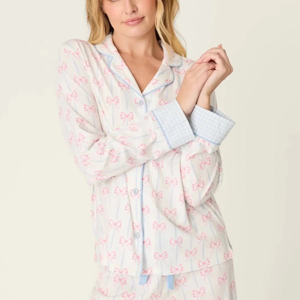 Playful Prints Cotton-Modal Long Sleeve Pajama Set by PJ Salvage in All Wrapped Up Pink Bow Print