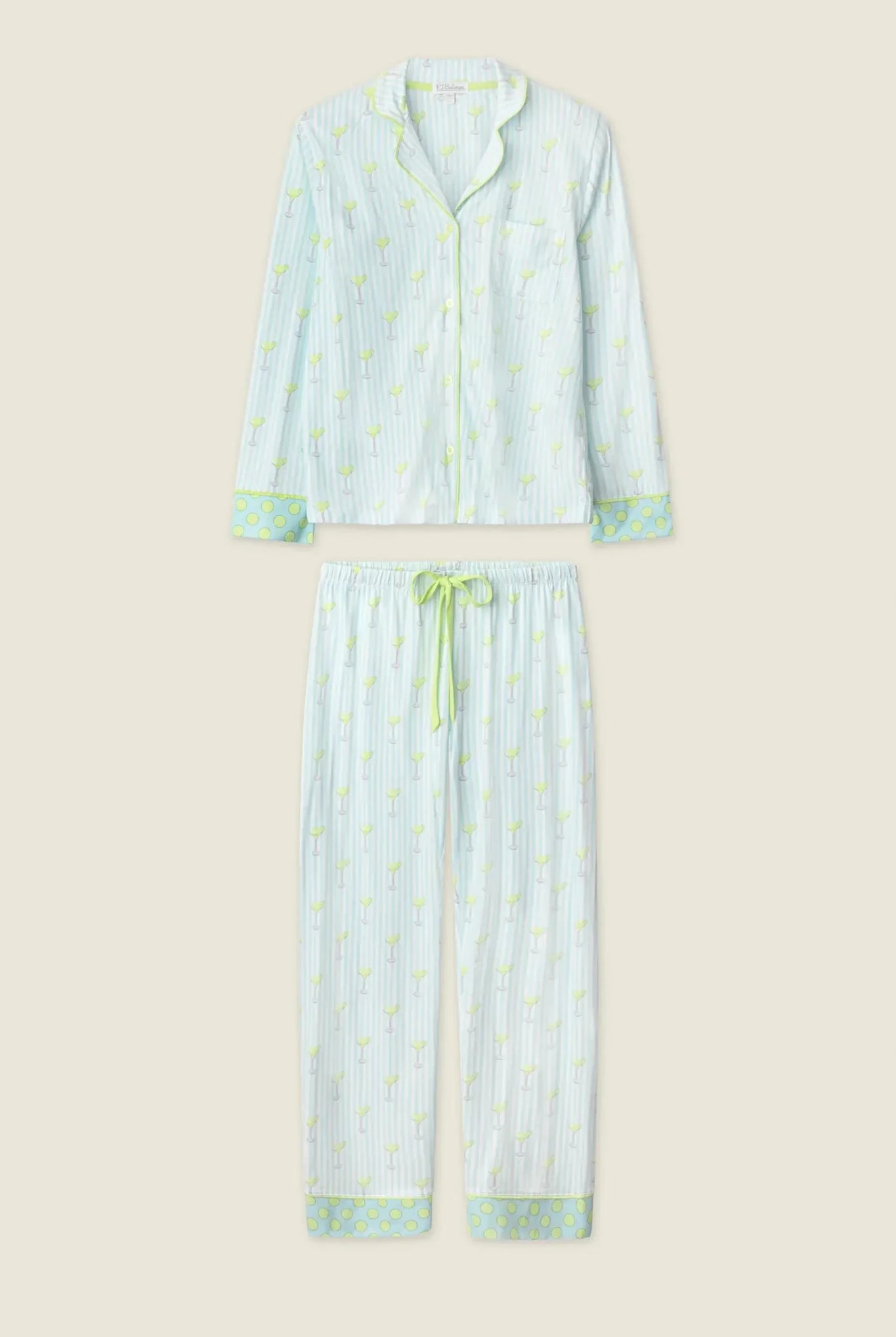 Playful Prints Cotton-Modal Long Sleeve Pajama Set by PJ Salvage featuring a light green striped design.