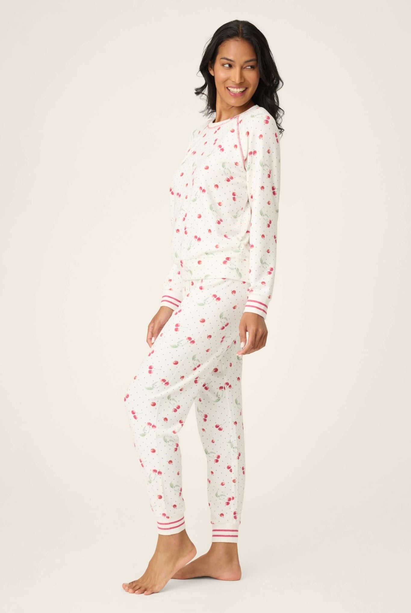 Polka Dot Cherries Peachy Jersey Pajama Set PJ Salvage displayed on a model showcasing a playful cherry print and comfy fit.