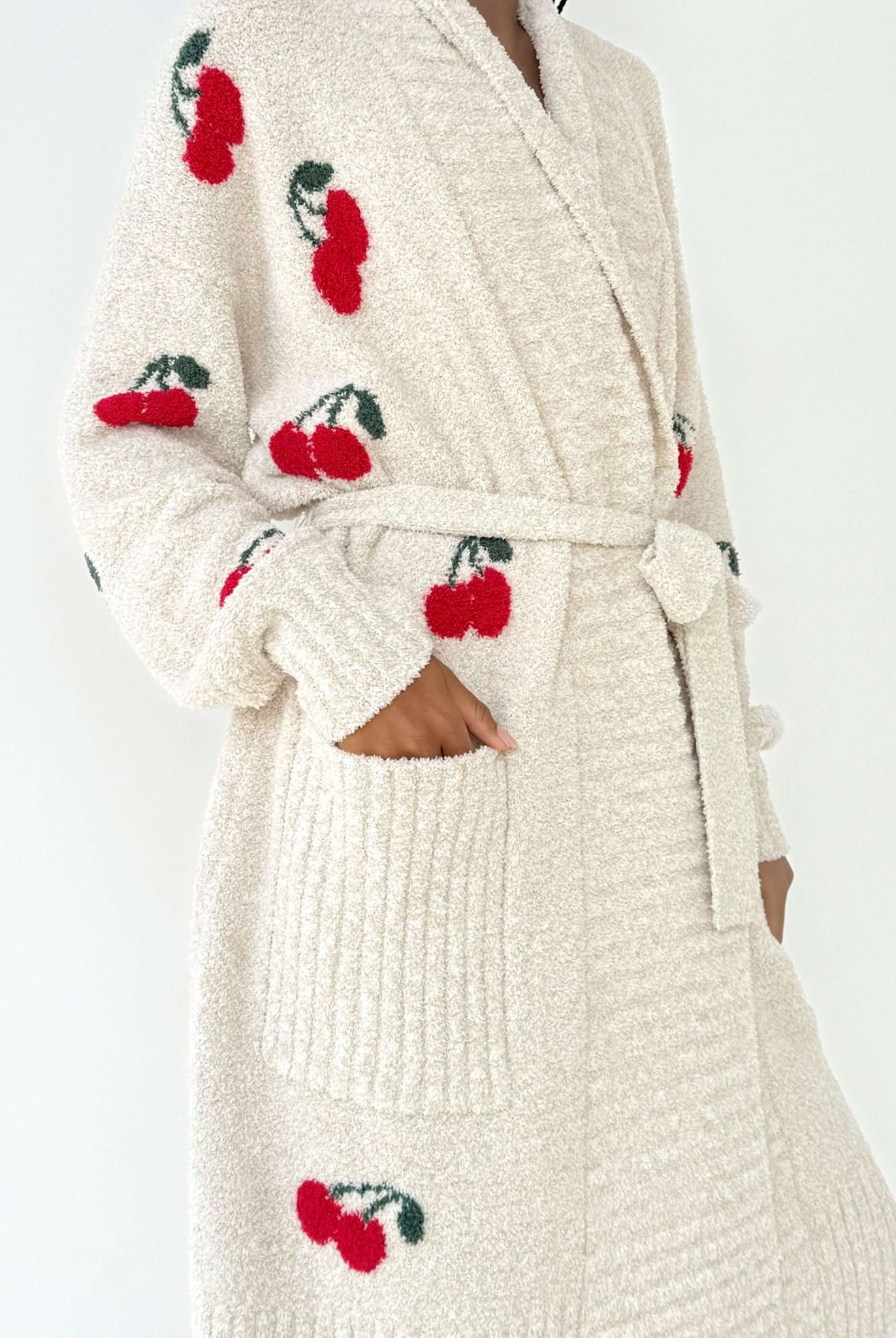 Model wearing the Pomona Fuzzy Yarn Robe Splendid, ultra-soft cozy loungewear with Cherry patterns.