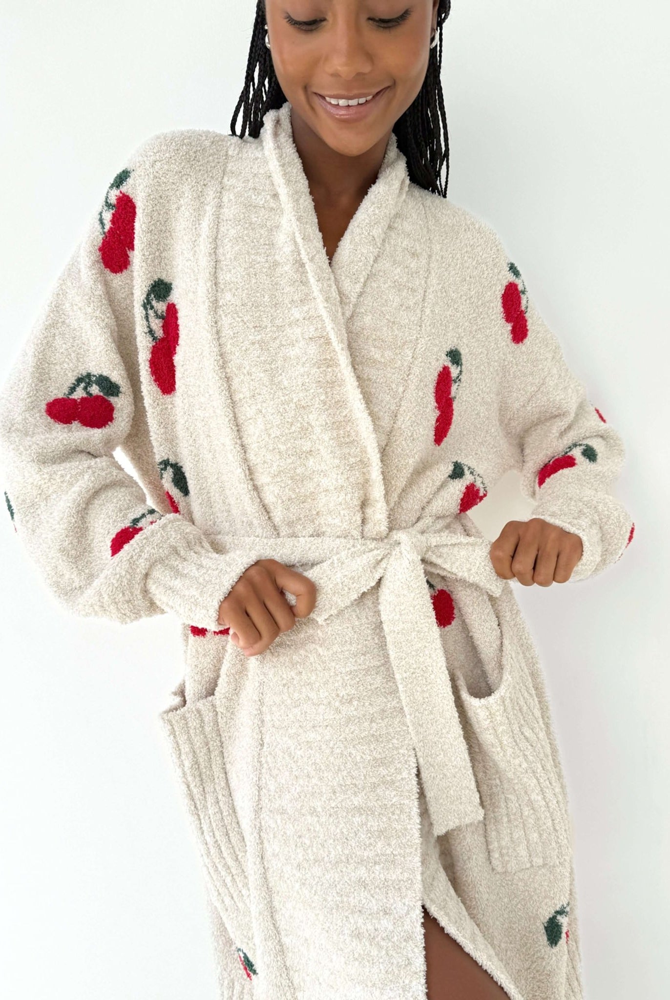 Model wearing Pomona Fuzzy Yarn Robe Splendid with cherry embroidery, showcasing its ultra-soft and cozy loungewear design.