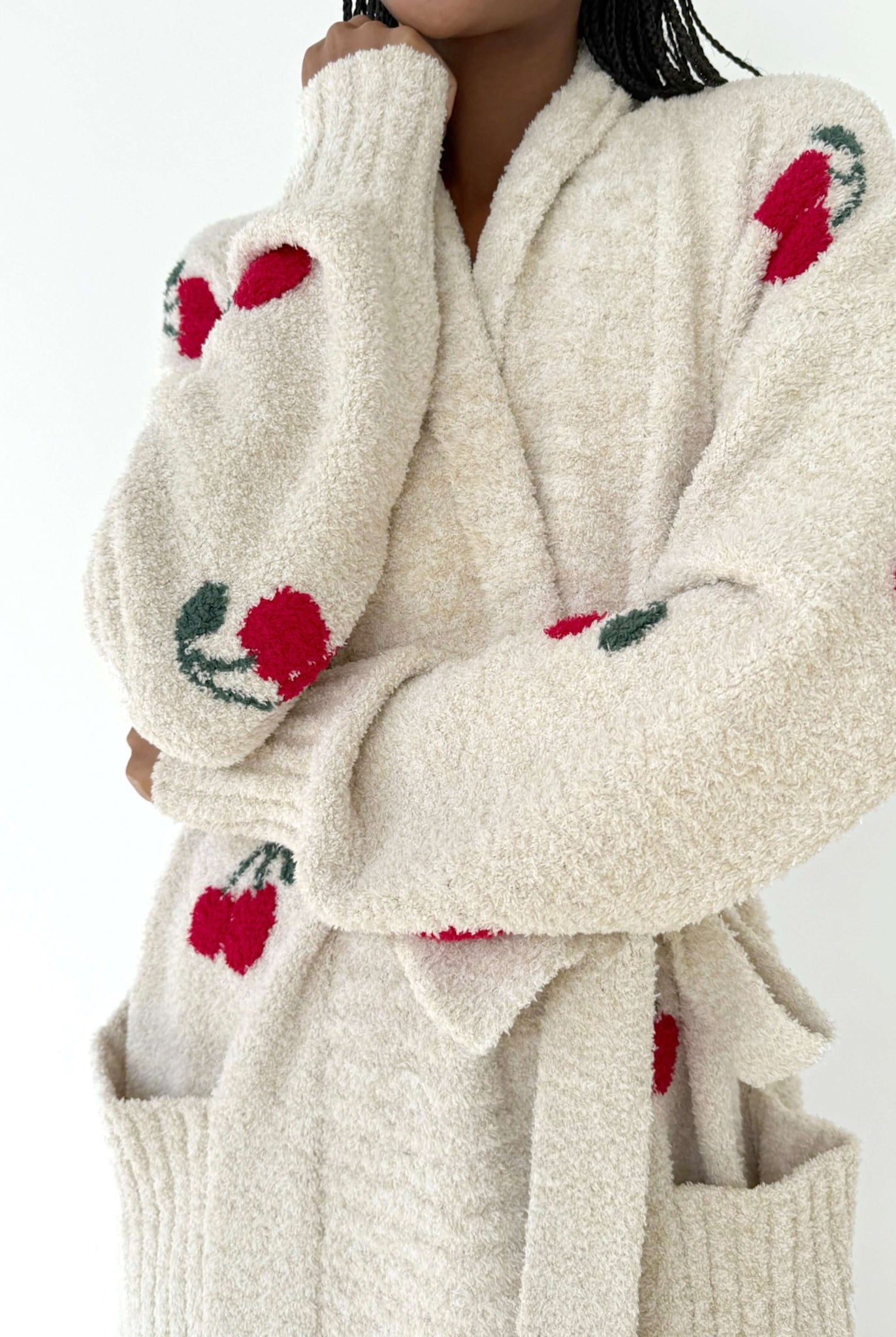 Model wearing the Pomona Fuzzy Yarn Robe Splendid, ultra-soft cozy loungewear with Cherry patterns.
