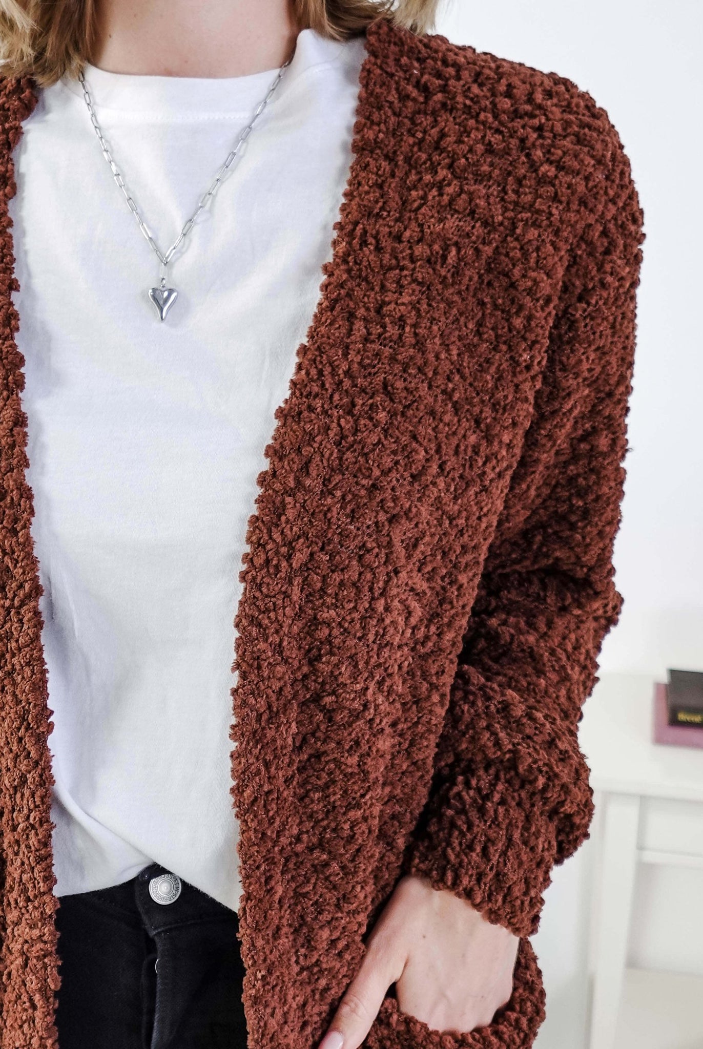Popcorn Texture Open Summer Cardigan closeup showing texture of the chocolate brown cardigan