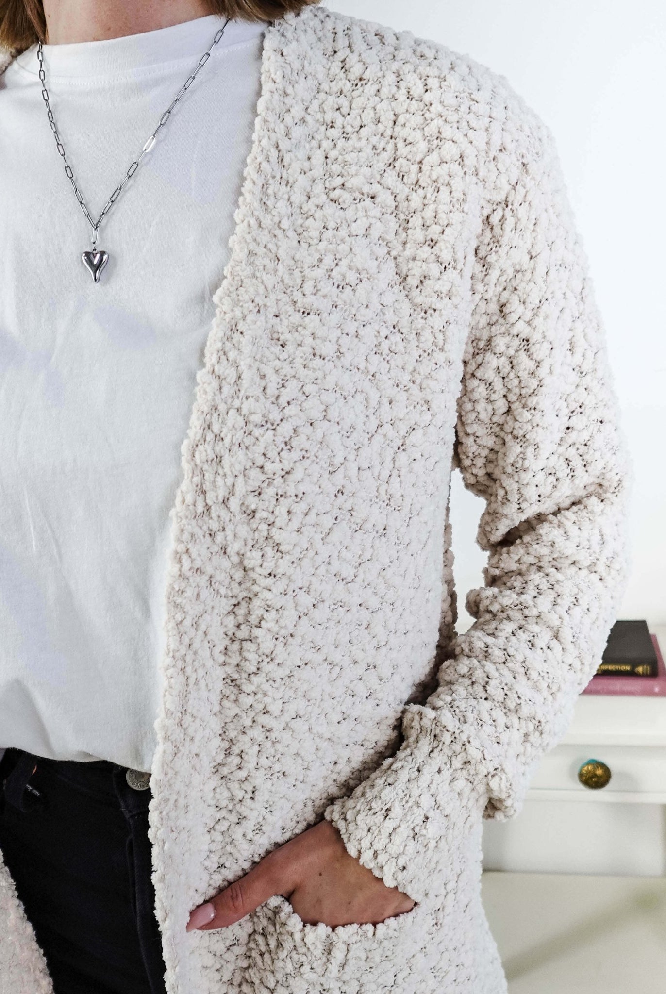 Popcorn Texture Open Summer Cardigan in sand beige showing closeup of texture