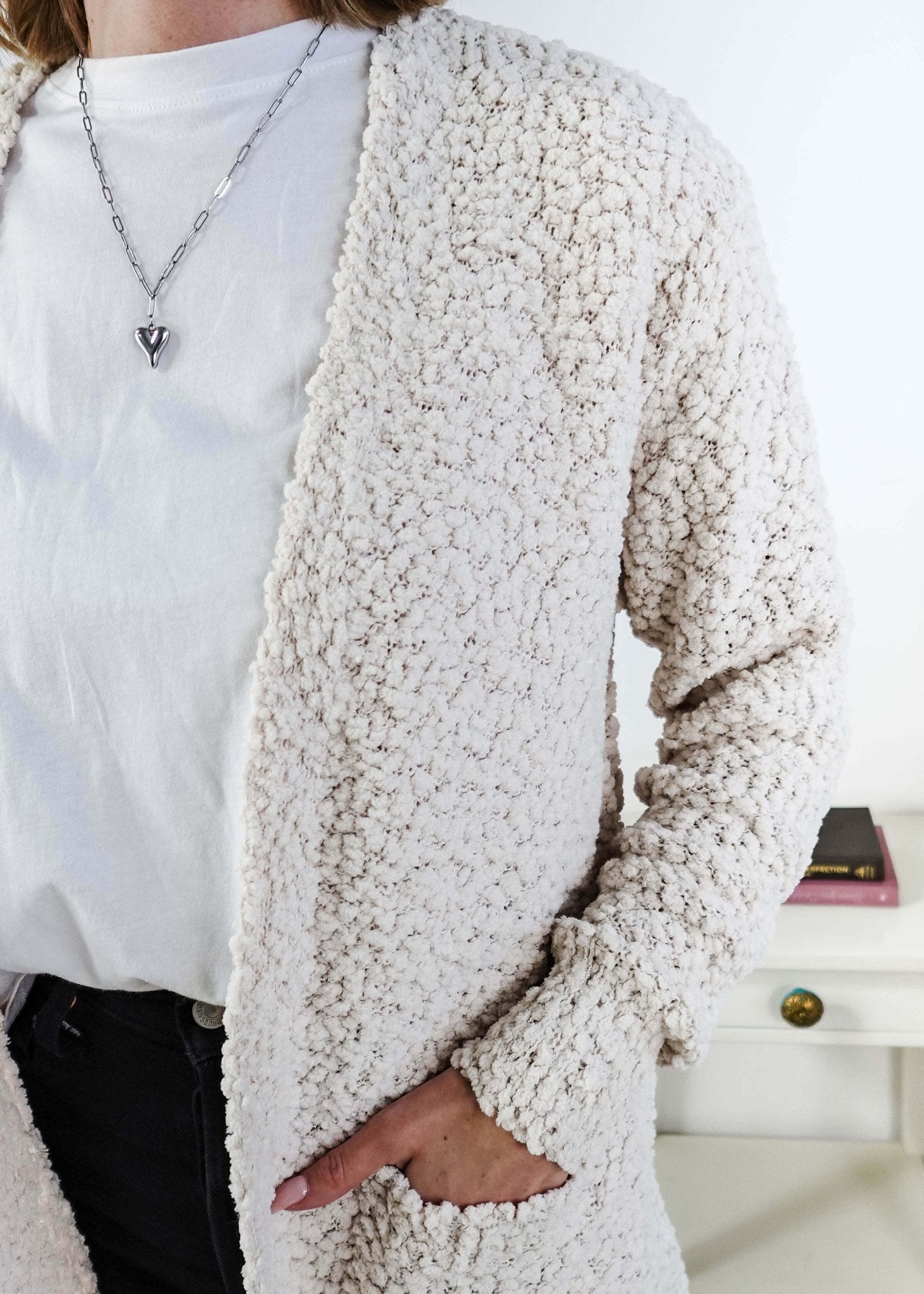 Popcorn Texture Open Summer Cardigan in sand beige showing closeup of texture
