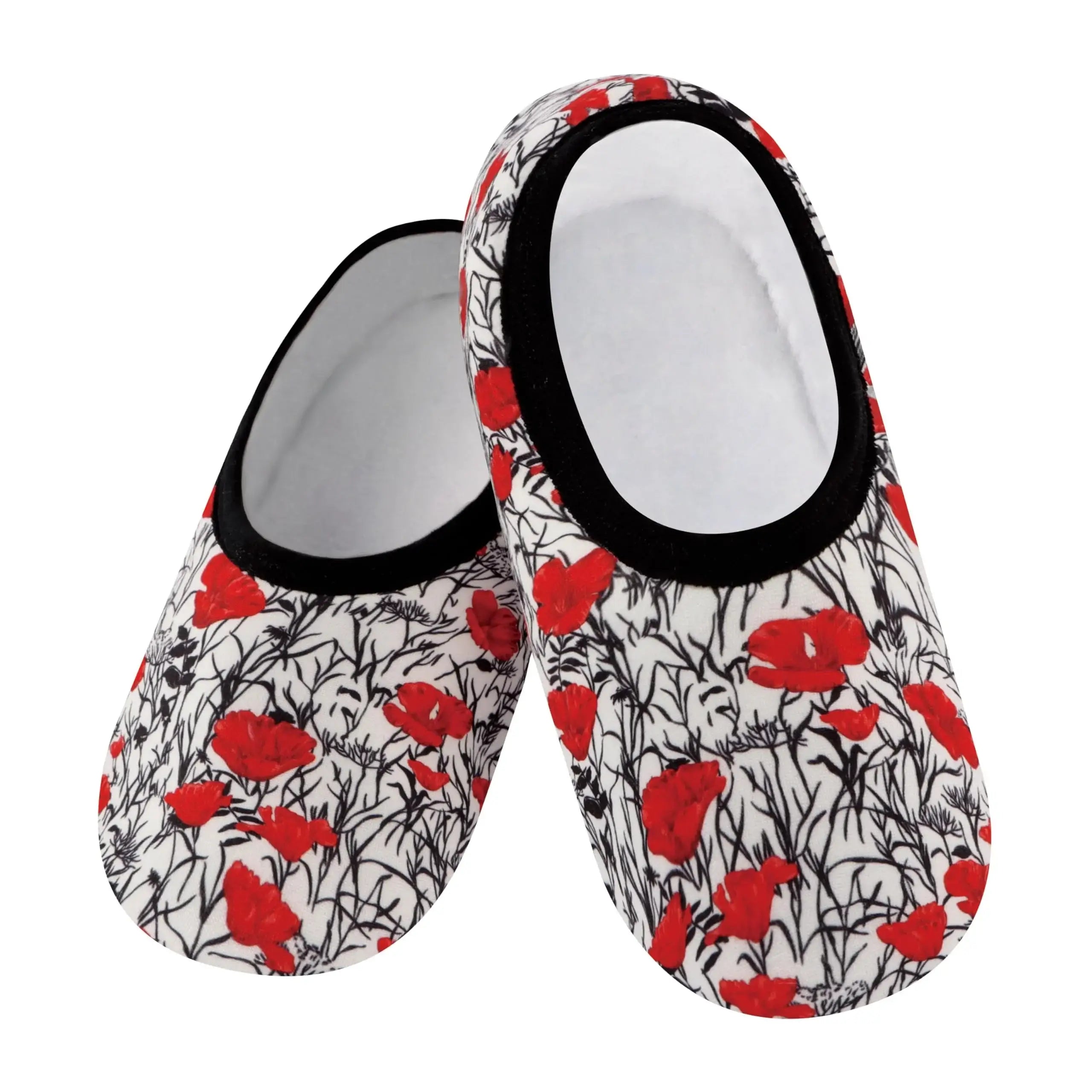 Snoozies Skinnies Lightweight Slipper Socks in Black and Red Poppies Print - Non-skid Soles