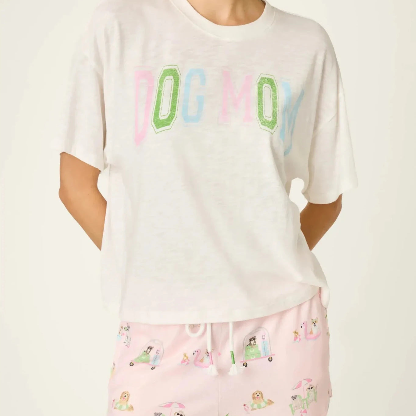 Pupcation Palms Dog Mom Graphic Tee by PJ Salvage worn with playful shorts, stylish casual outfit for dog lovers.