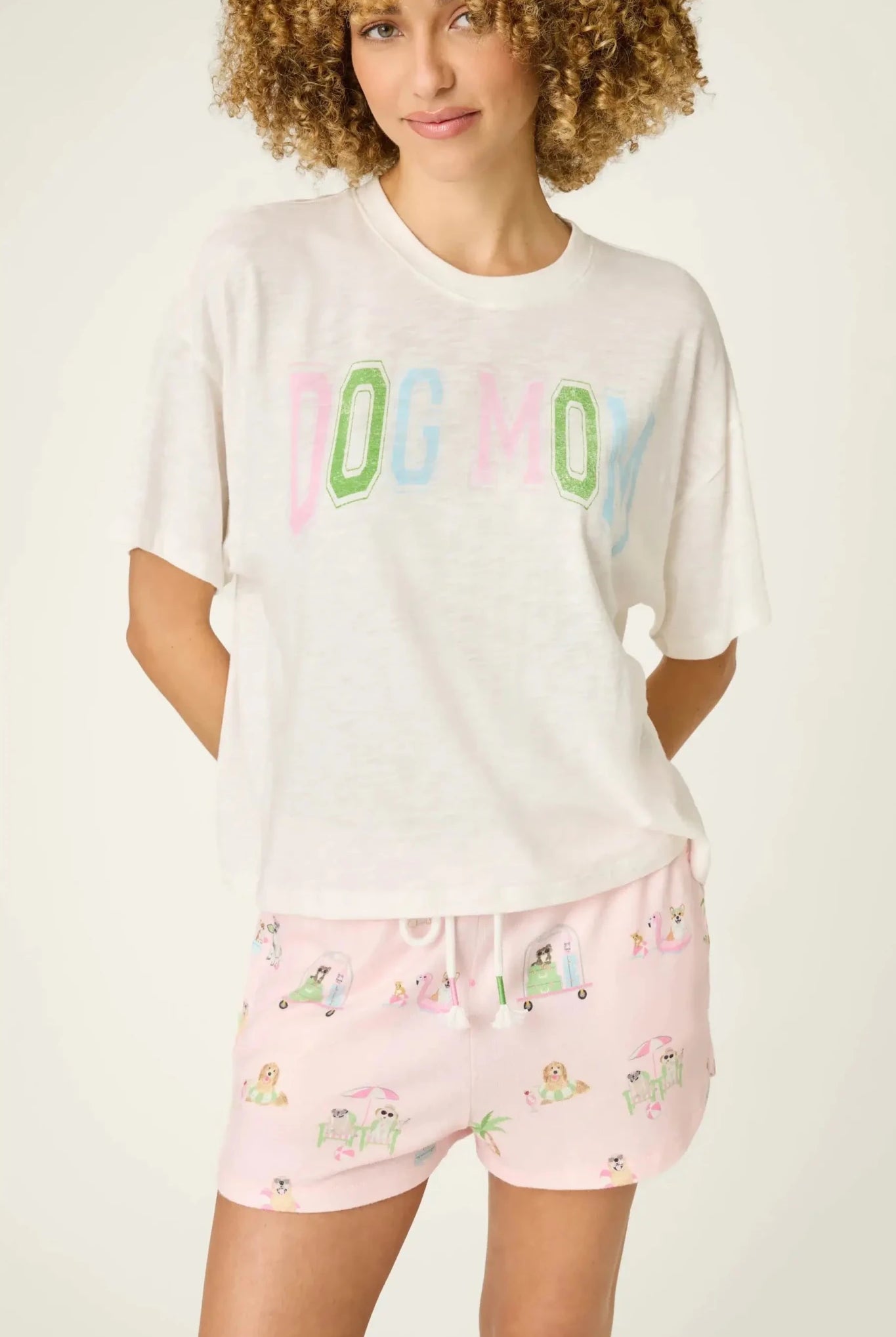 Pupcation Palms Dog Mom Graphic Tee by PJ Salvage worn with playful shorts, stylish casual outfit for dog lovers.