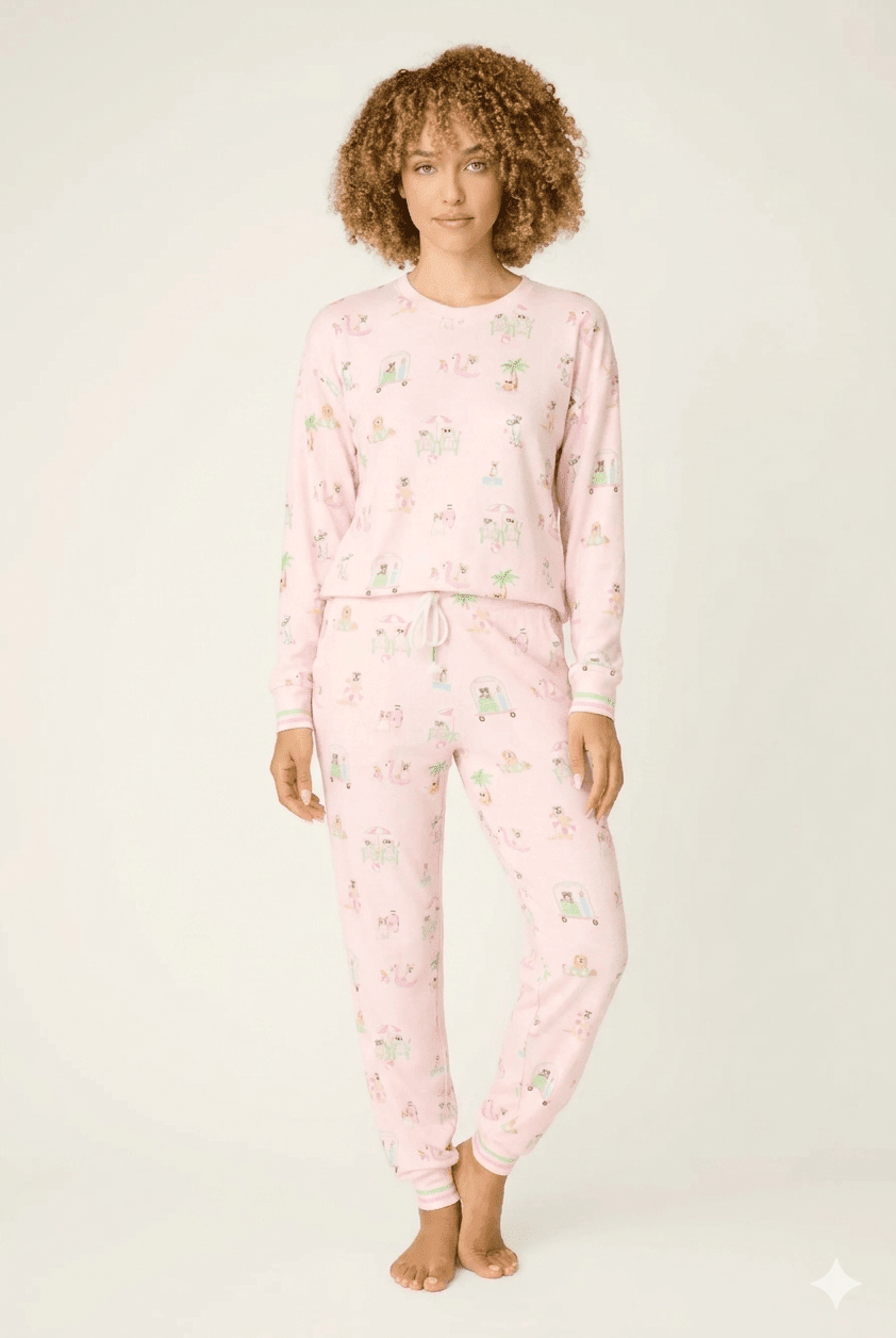 Model wearing Pupcation Palms Sunnies & Sunshine Dog Print Jogger Set by PJ Salvage in pink with playful dog prints.