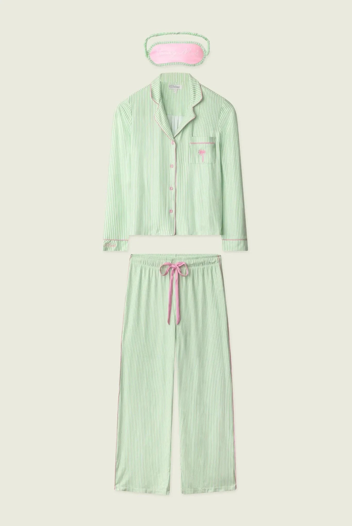 Pupcation Palms Vacay Mode Kiwi Stripe 3-Piece PJ Set PJ Salvage featuring a top, pants, and sleep mask.