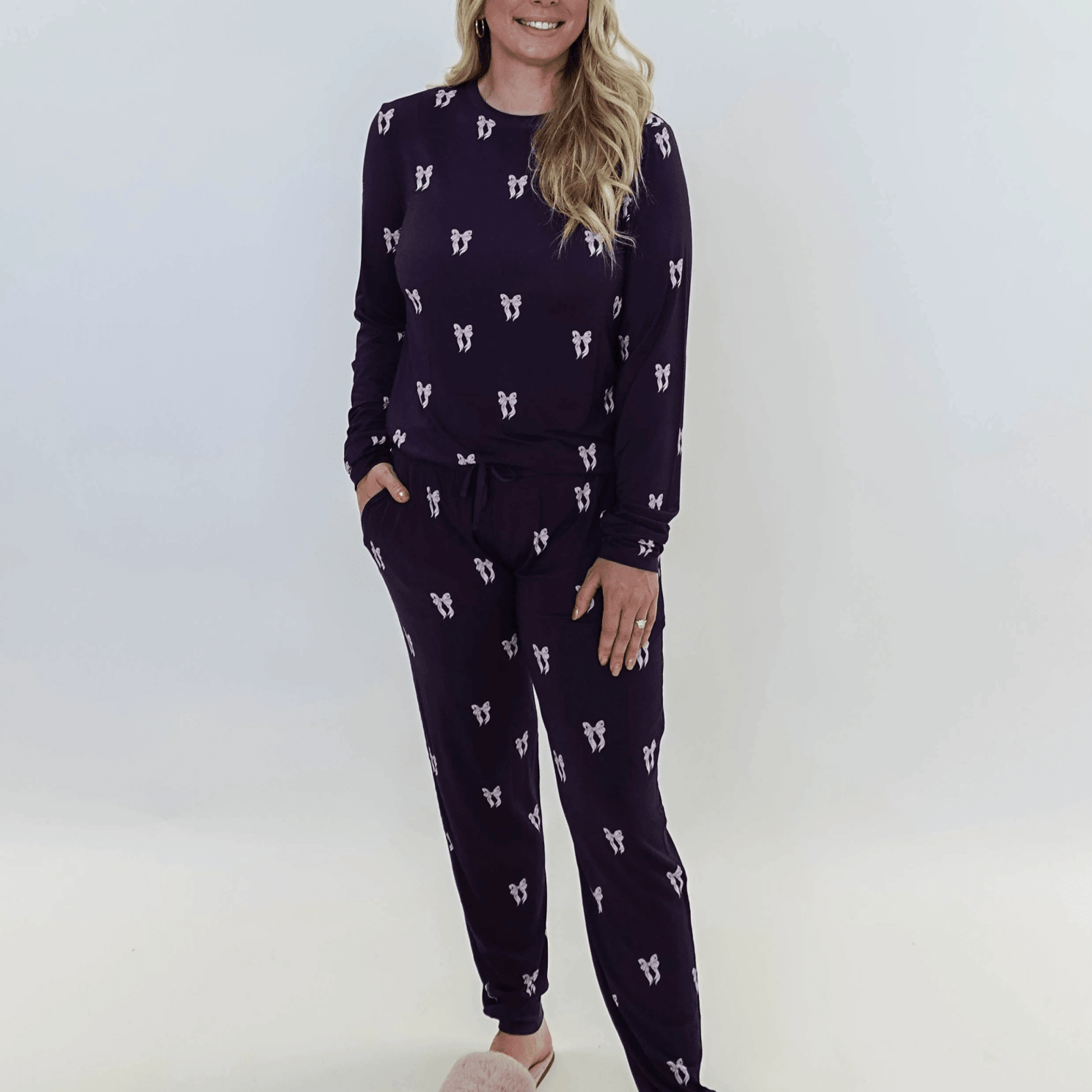Purple Bows Print Long Sleeve & Jogger Bamboo PJ Set showing model sizing