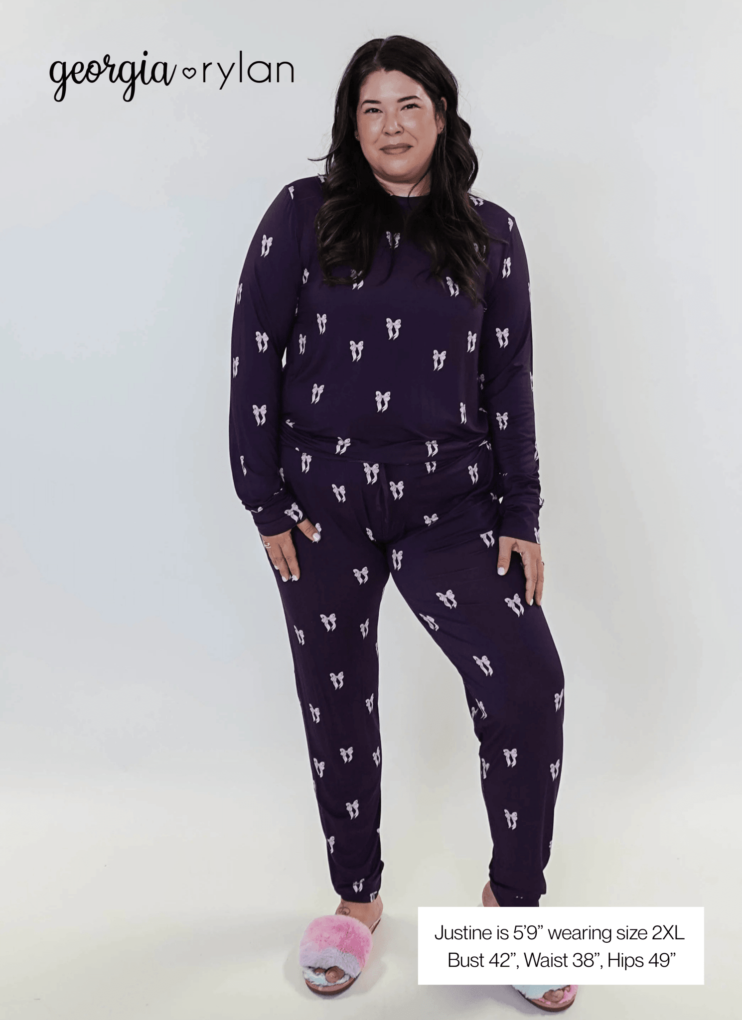 Purple Bows Print Long Sleeve & Jogger Bamboo PJ Set showing model sizing