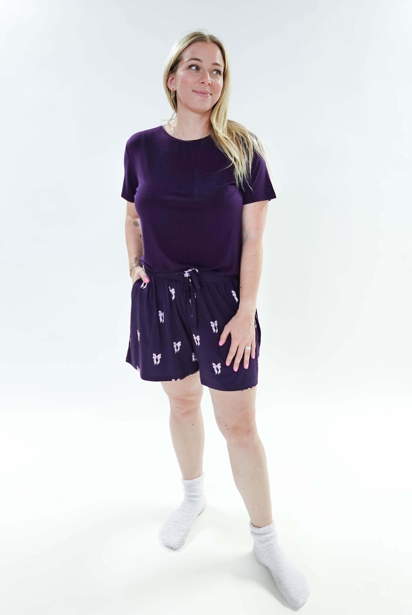 Purple Bows Print Tee & Short Bamboo PJ Set