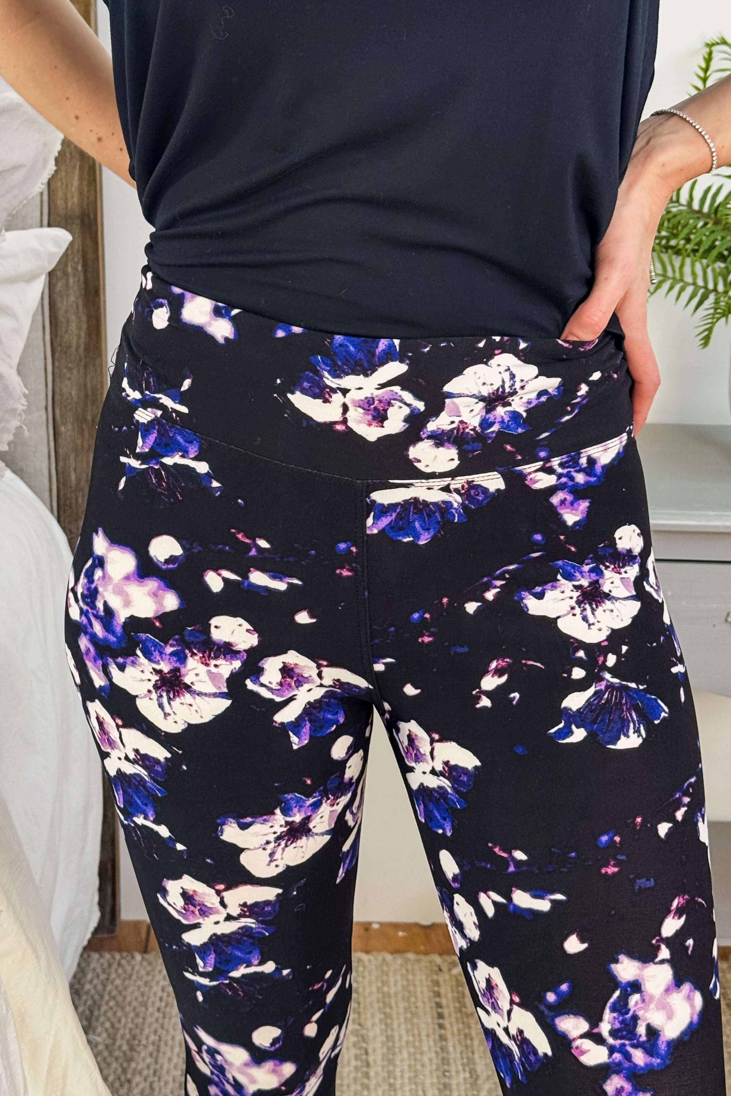 Purple Flower Print High Waisted Buttery Soft Leggings | O/S fits women XS-L close up of print