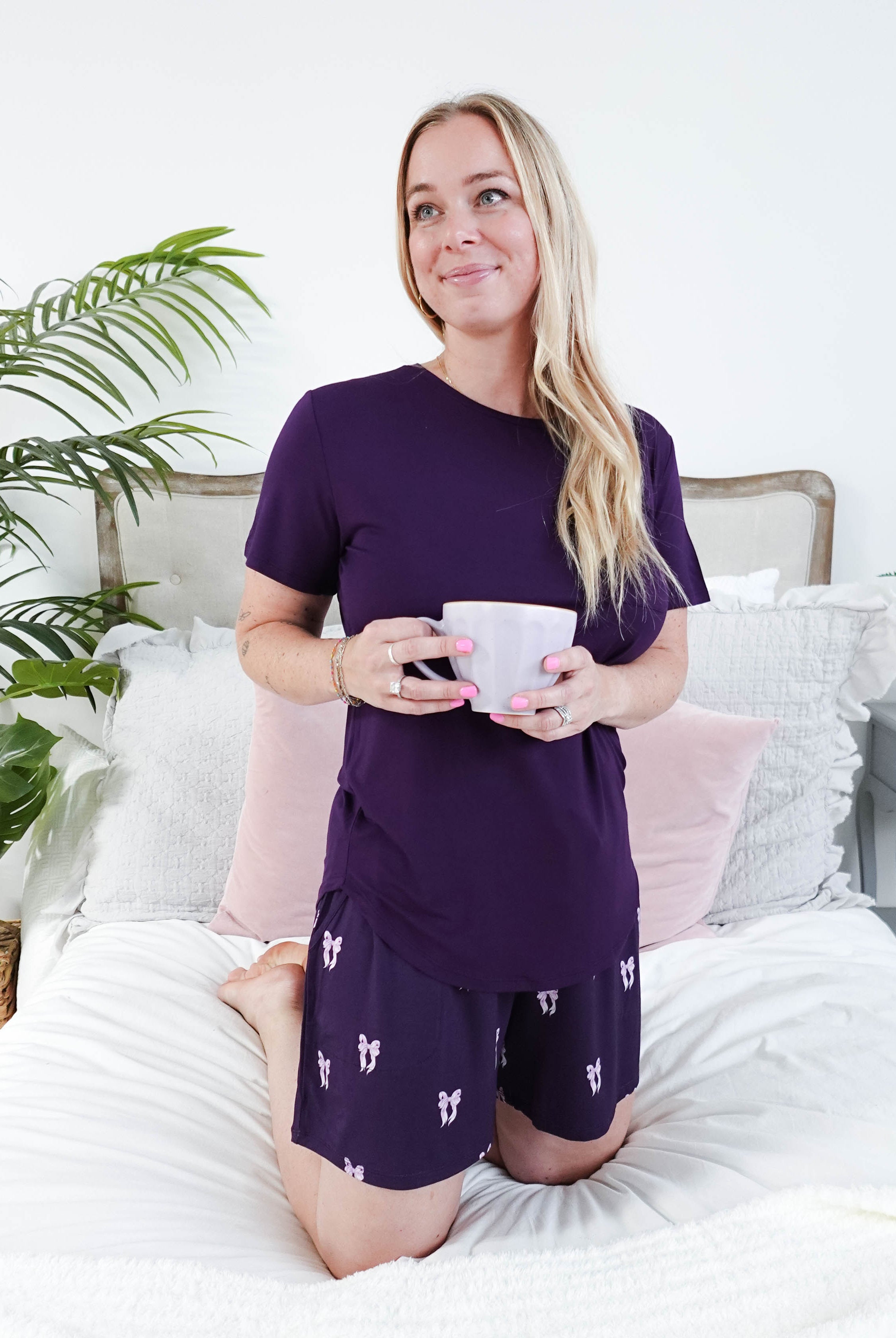 Purple Bows Print Tee & Short Bamboo PJ Set women's bamboo tee and short set pajamas purple with bows - Georgia Rylan