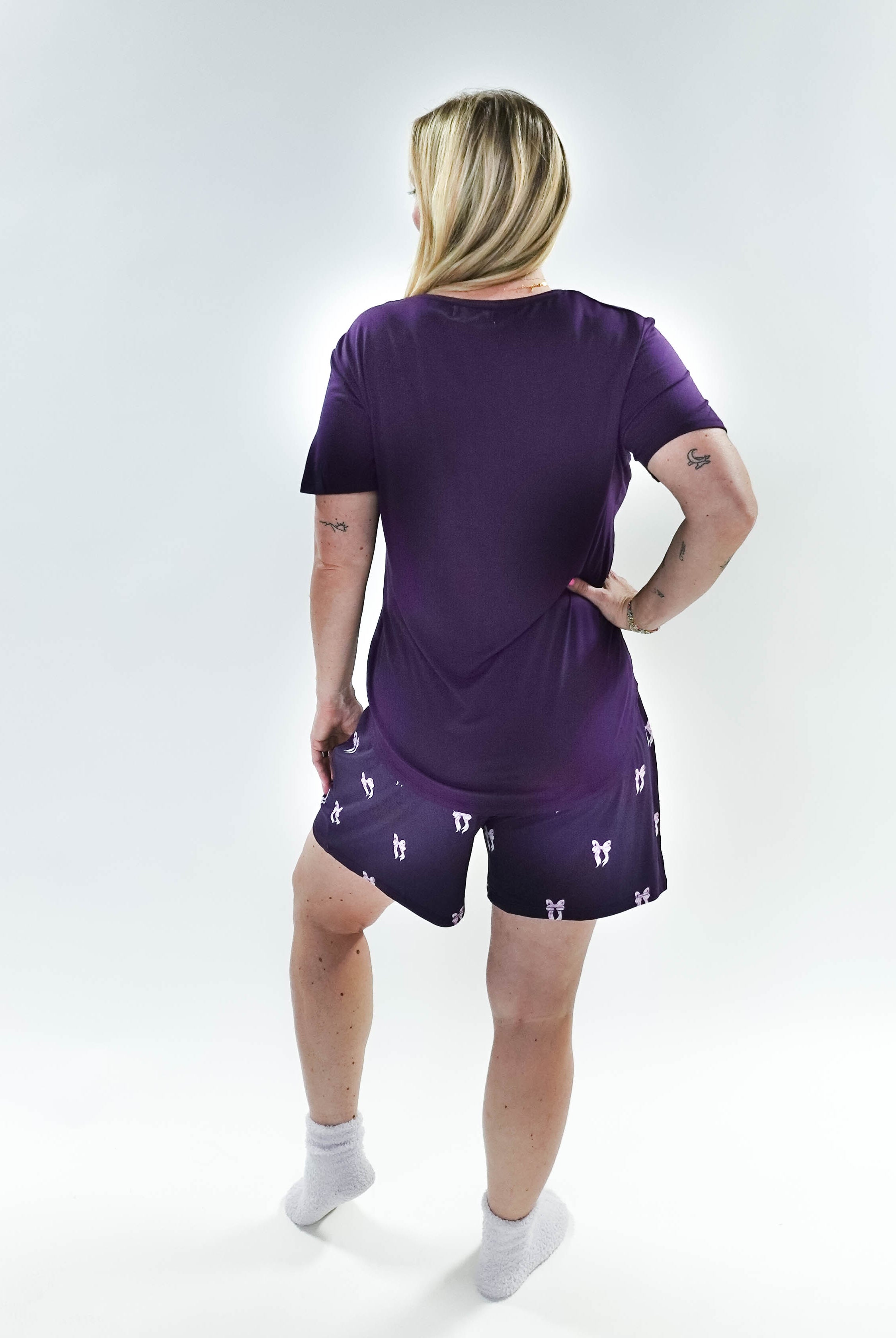 Purple Bows Print Tee & Short Bamboo PJ Set back view