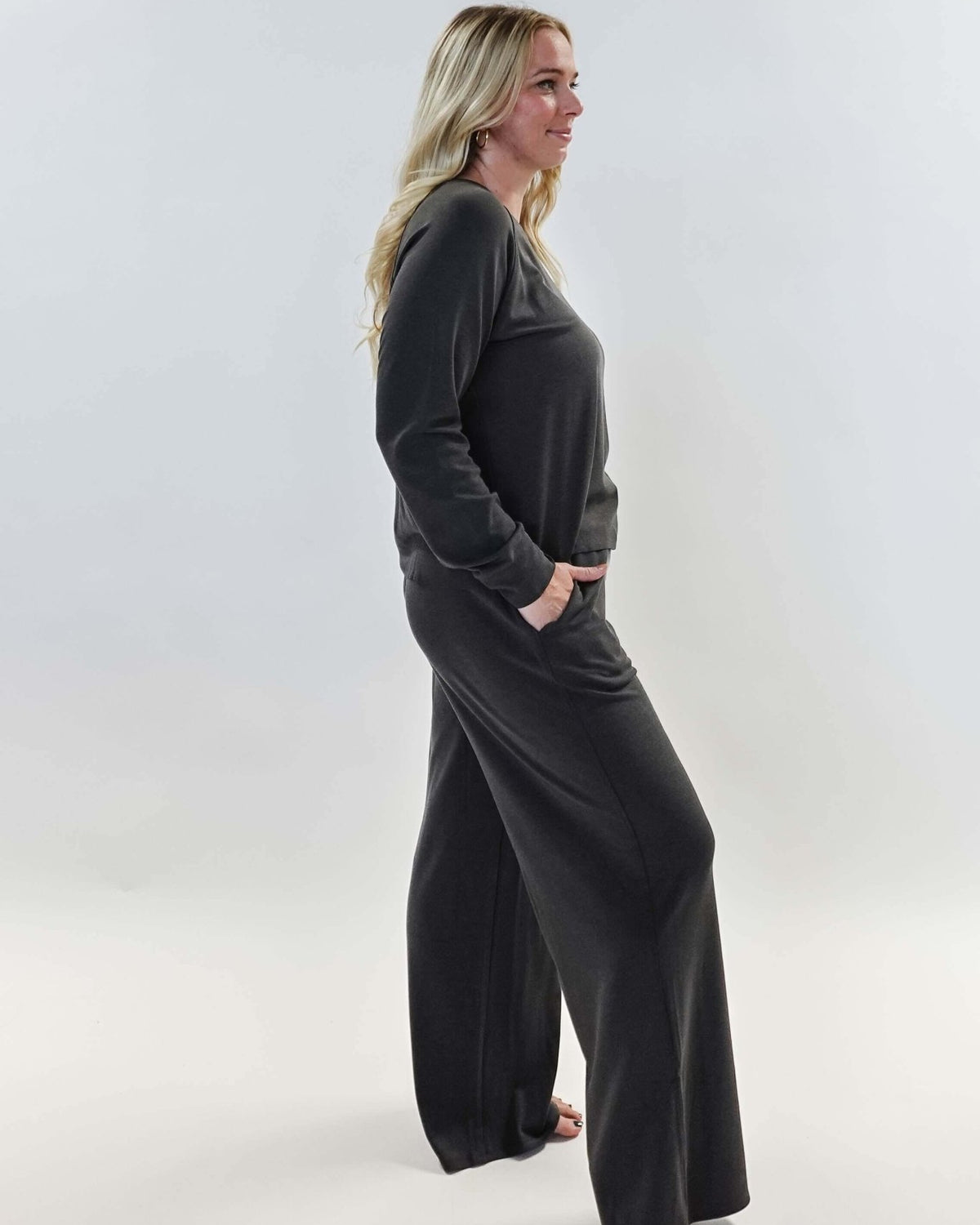 women's bamboo blend lounge set casual long sleeve top and straight pant MIRANDA NIC Charcoal Grey