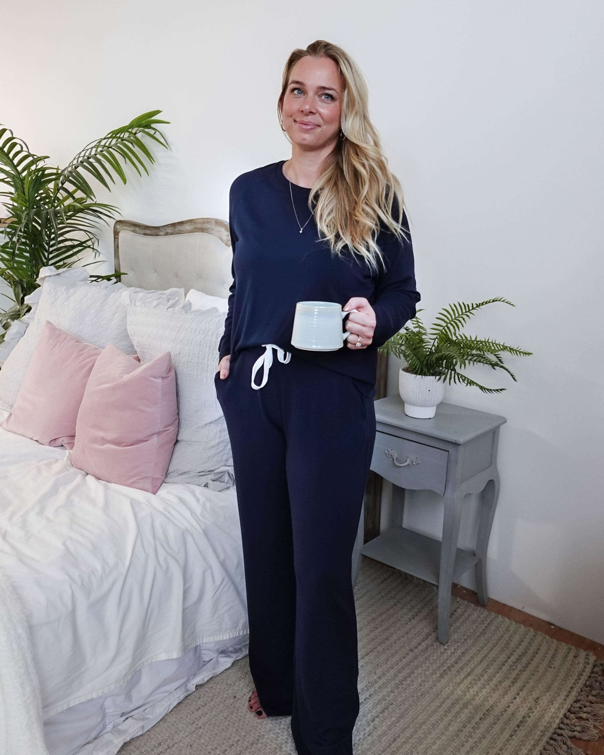 women's bamboo blend lounge set casual long sleeve top and straight pant MIRANDA NIC Navy Blue