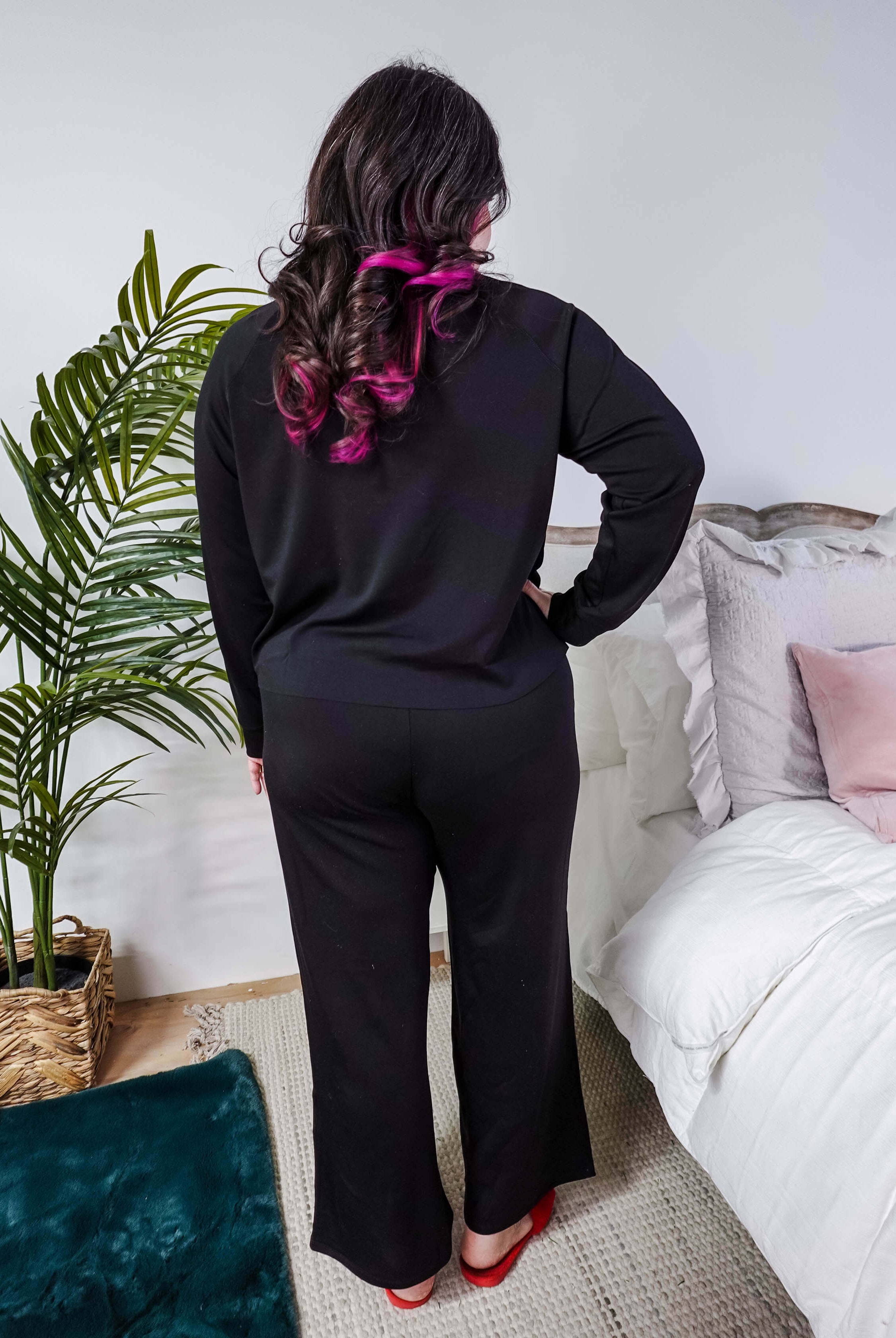 Black Long Sleeve Raw Edge Straight Pant Cloud Lounge Set viewed from the back, showcasing comfort and style.