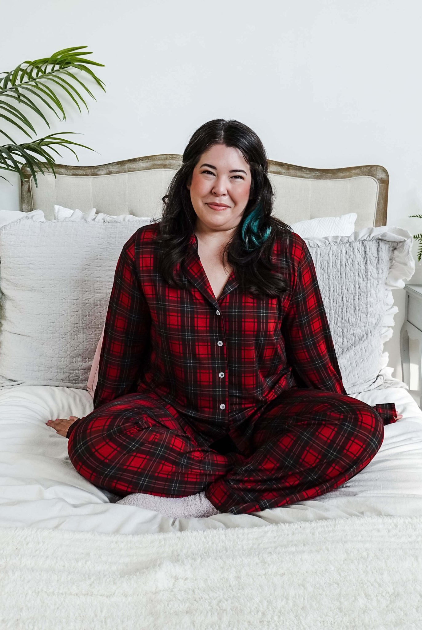 Red Plaid Button Up Bamboo PJ Set Straight Leg Pant - women's holiday pajamas