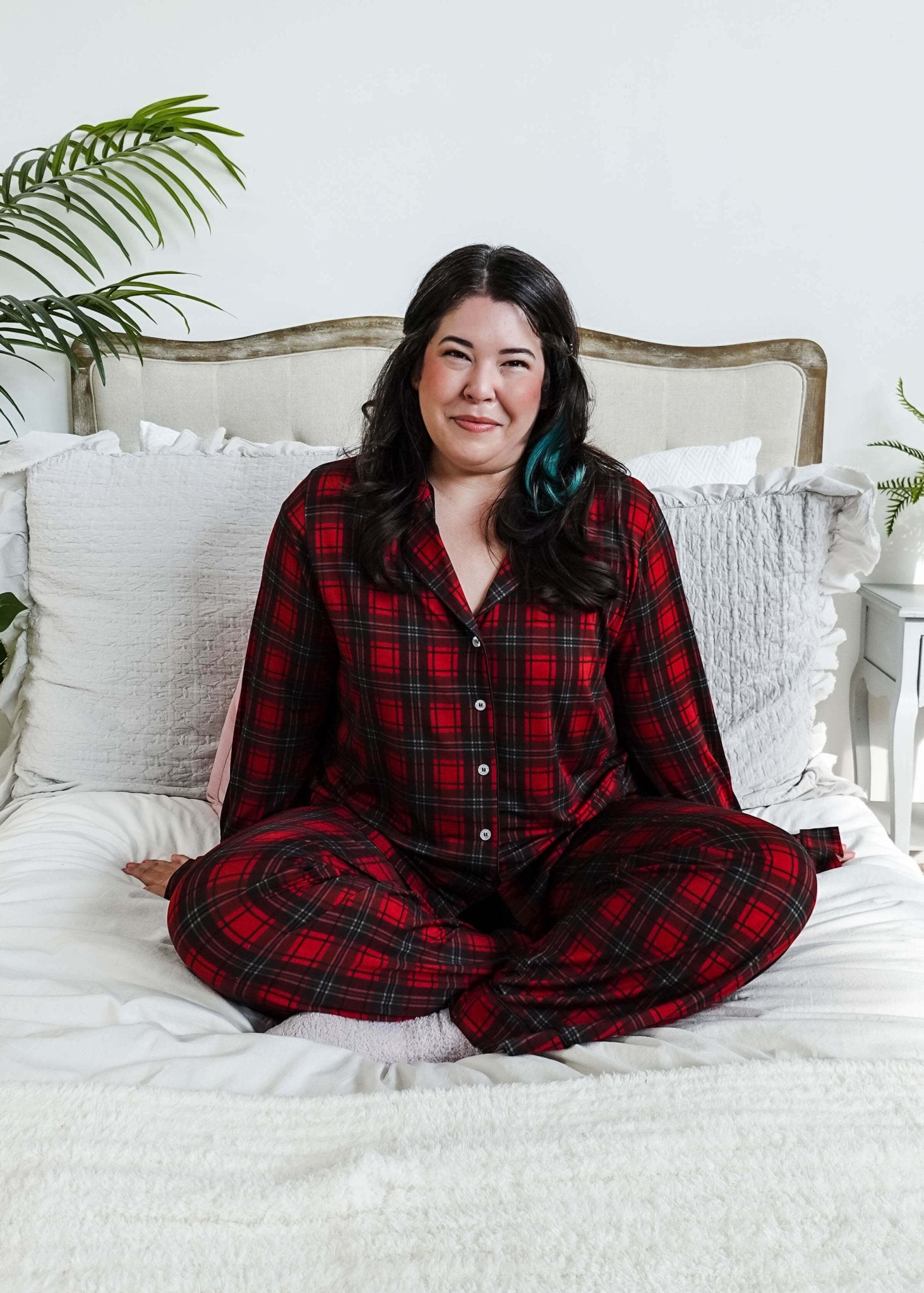 Red Plaid Button Up Bamboo PJ Set Straight Leg Pant - women's holiday pajamas