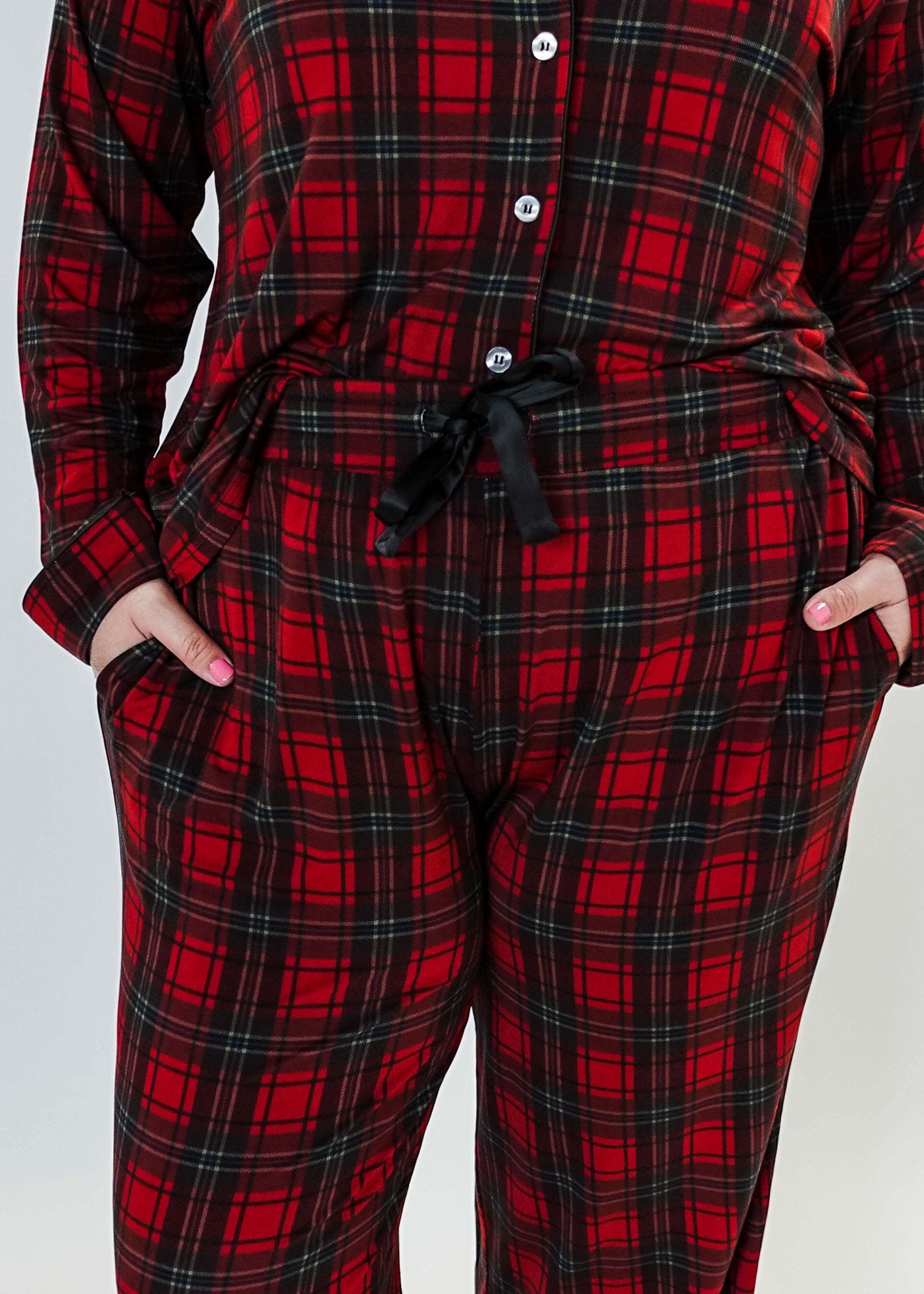 women's Red Plaid Button Up Bamboo PJ Set Straight Leg Pant for holidays Georgia Rylan - showcasing the details of the drawstring pant and pockets