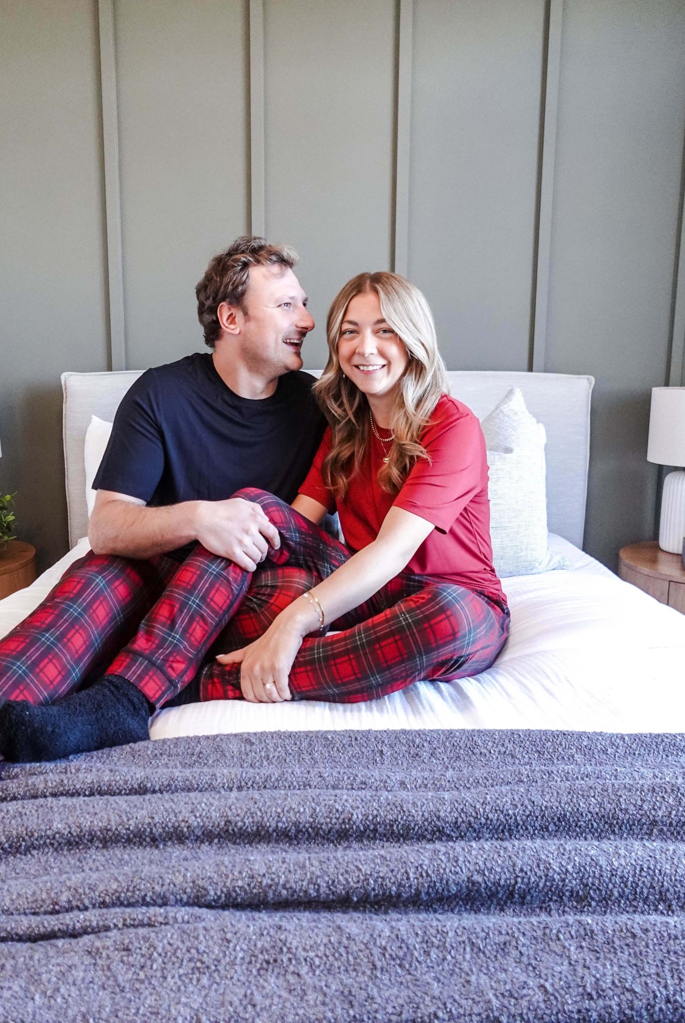 unisex joggers for men and women holiday red plaid print in soft bamboo fabric