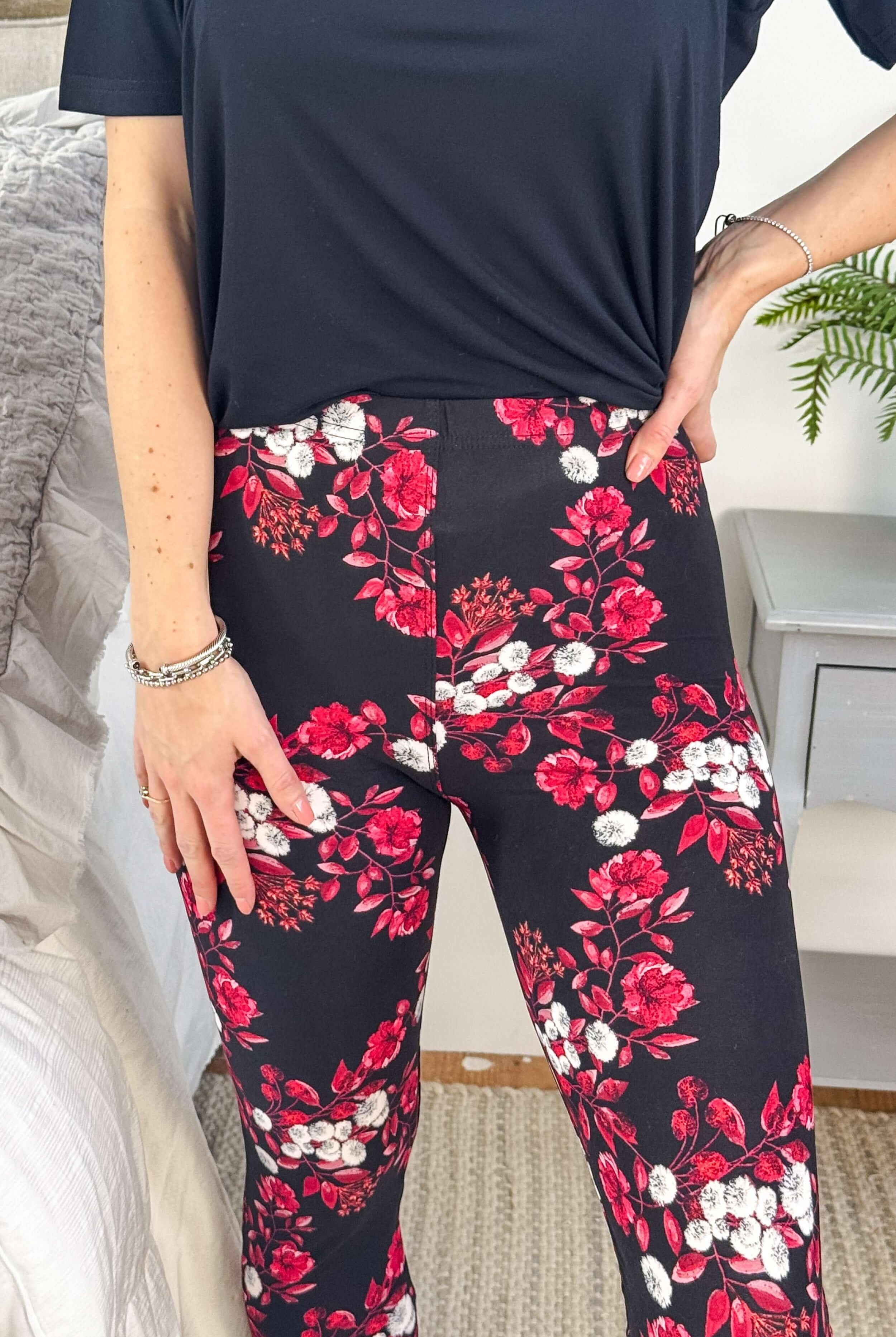 Red Floral Print Regular Rise Buttery Soft Leggings | O/S fits women XS-L