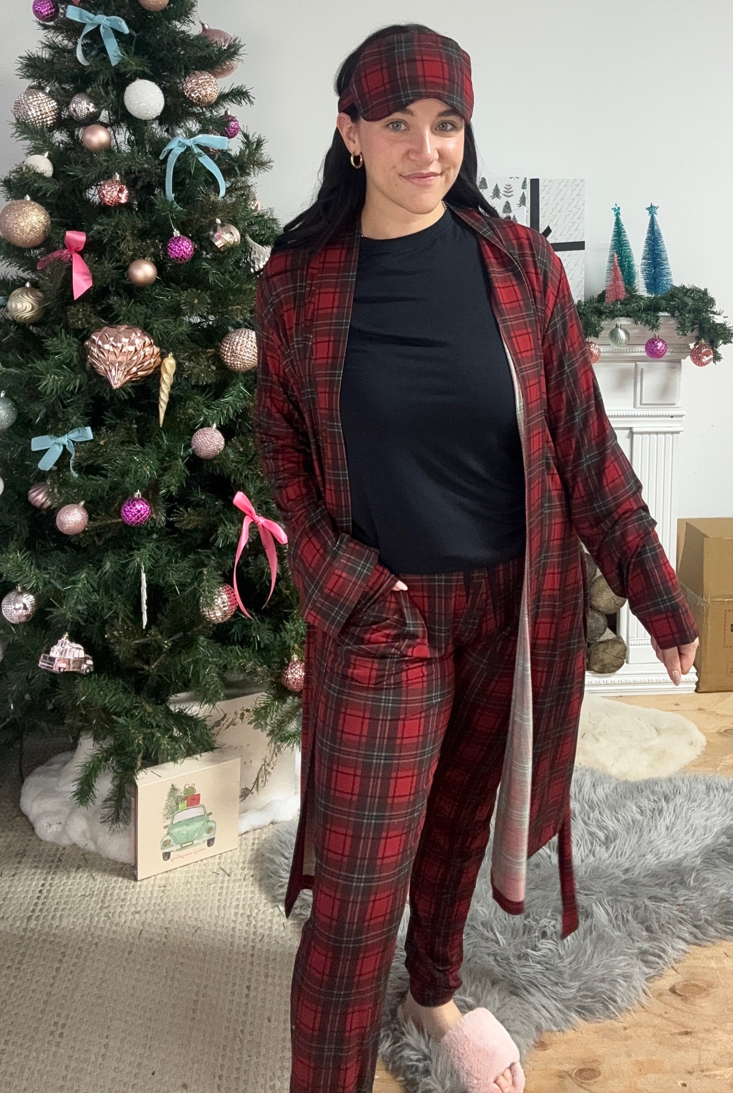 women's red plaid trio set with robe, pj set and eye mask