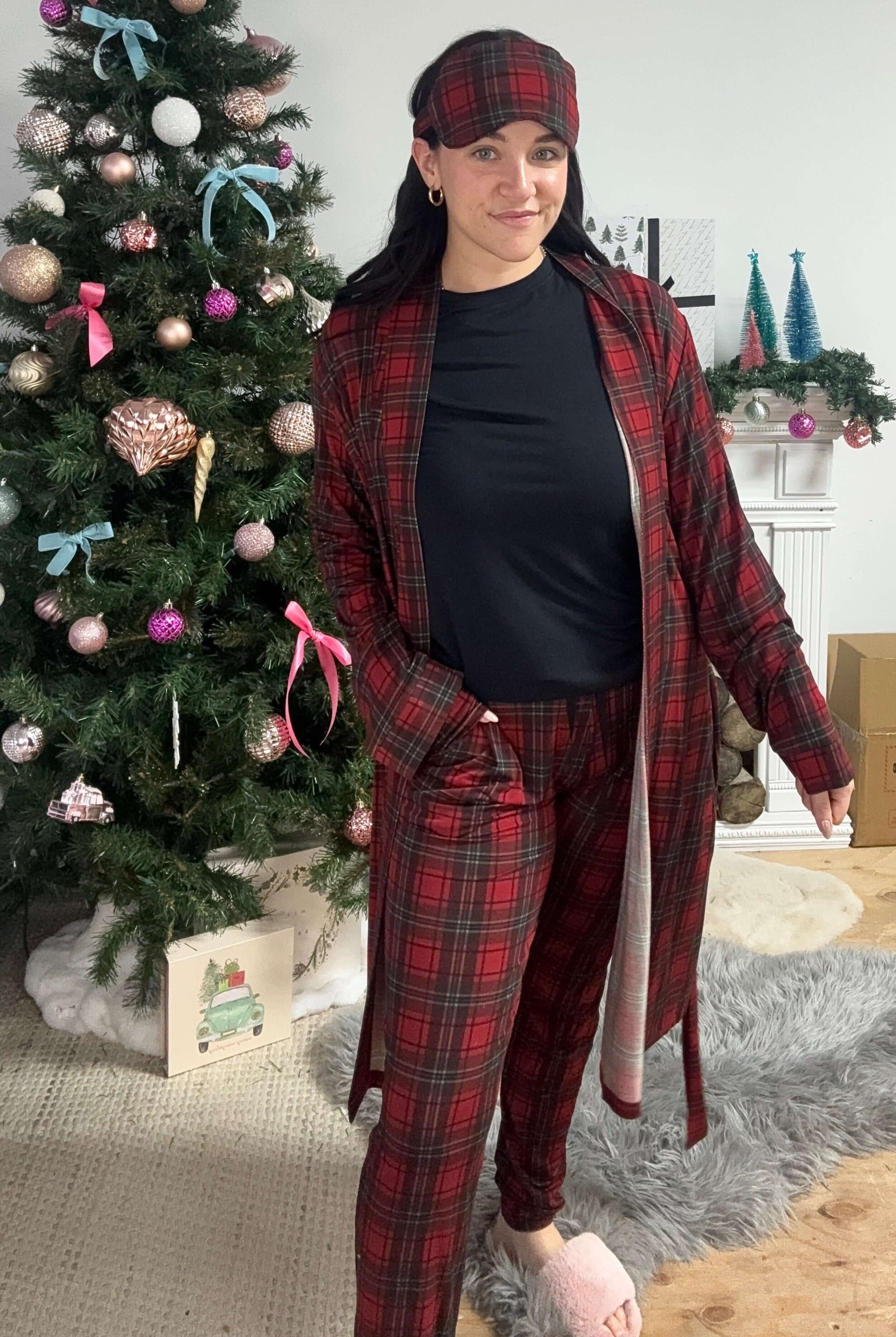 women's red plaid trio set with robe, pj set and eye mask
