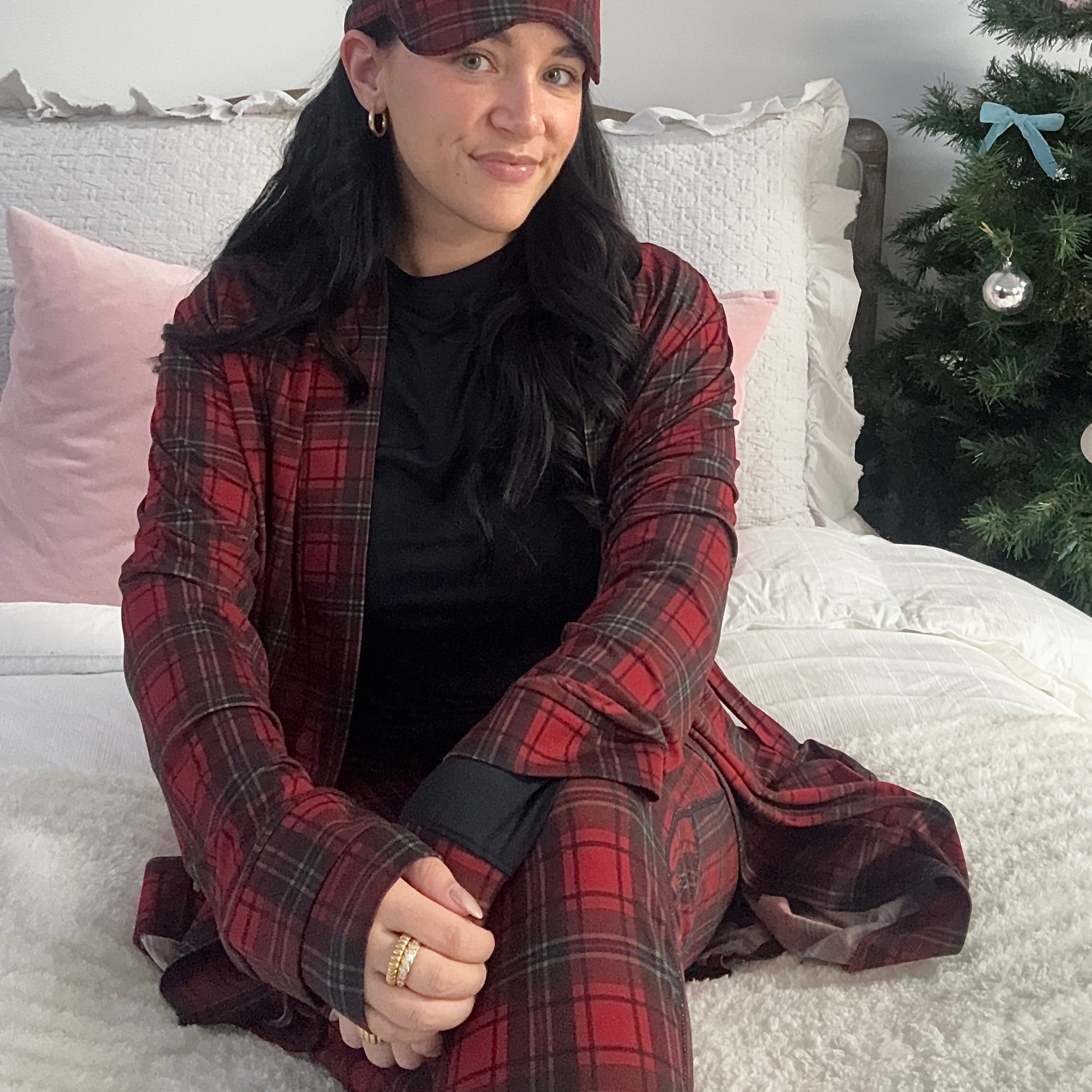women's red plaid trio set with robe, pj set and eye mask