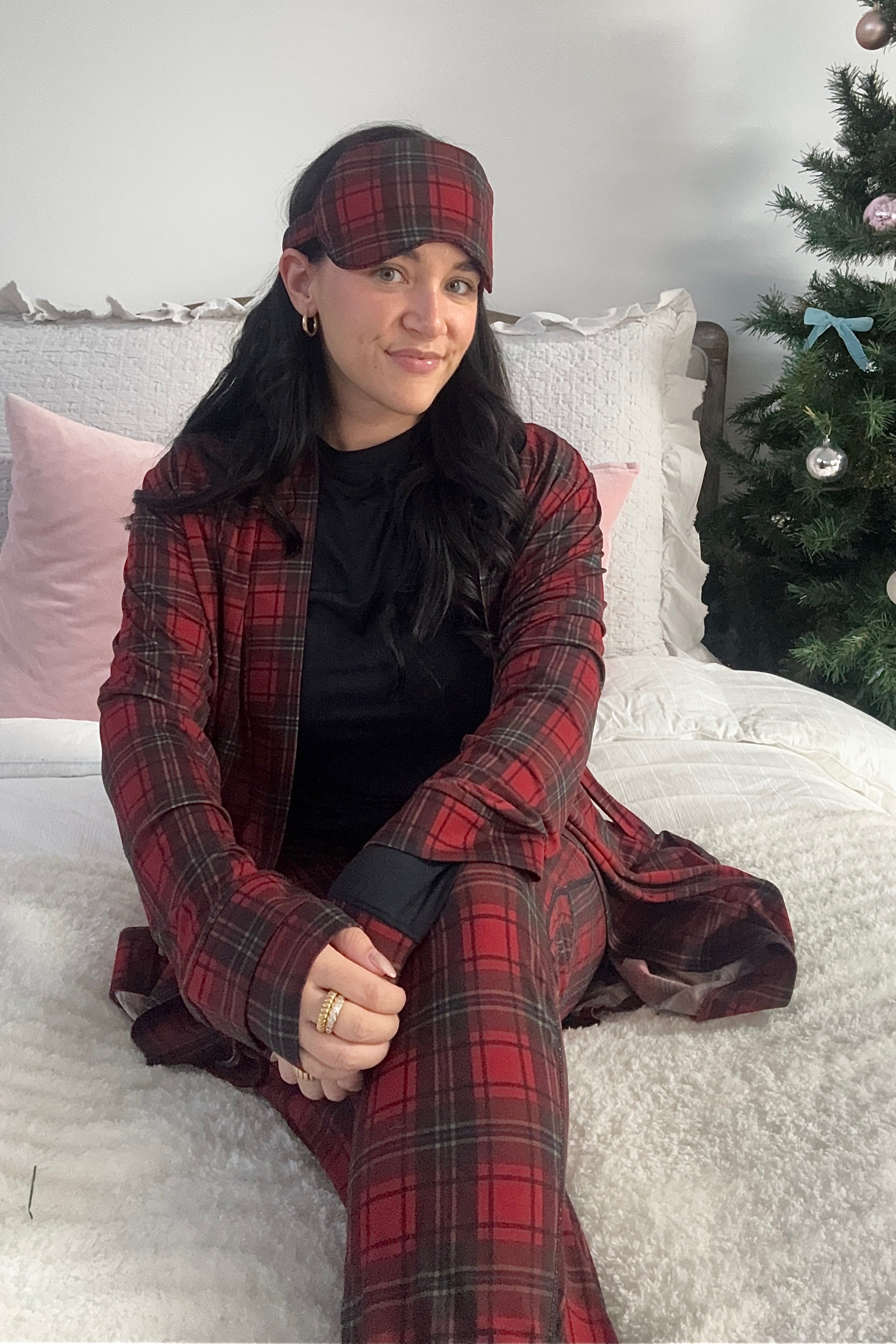 women's red plaid trio set with robe, pj set and eye mask