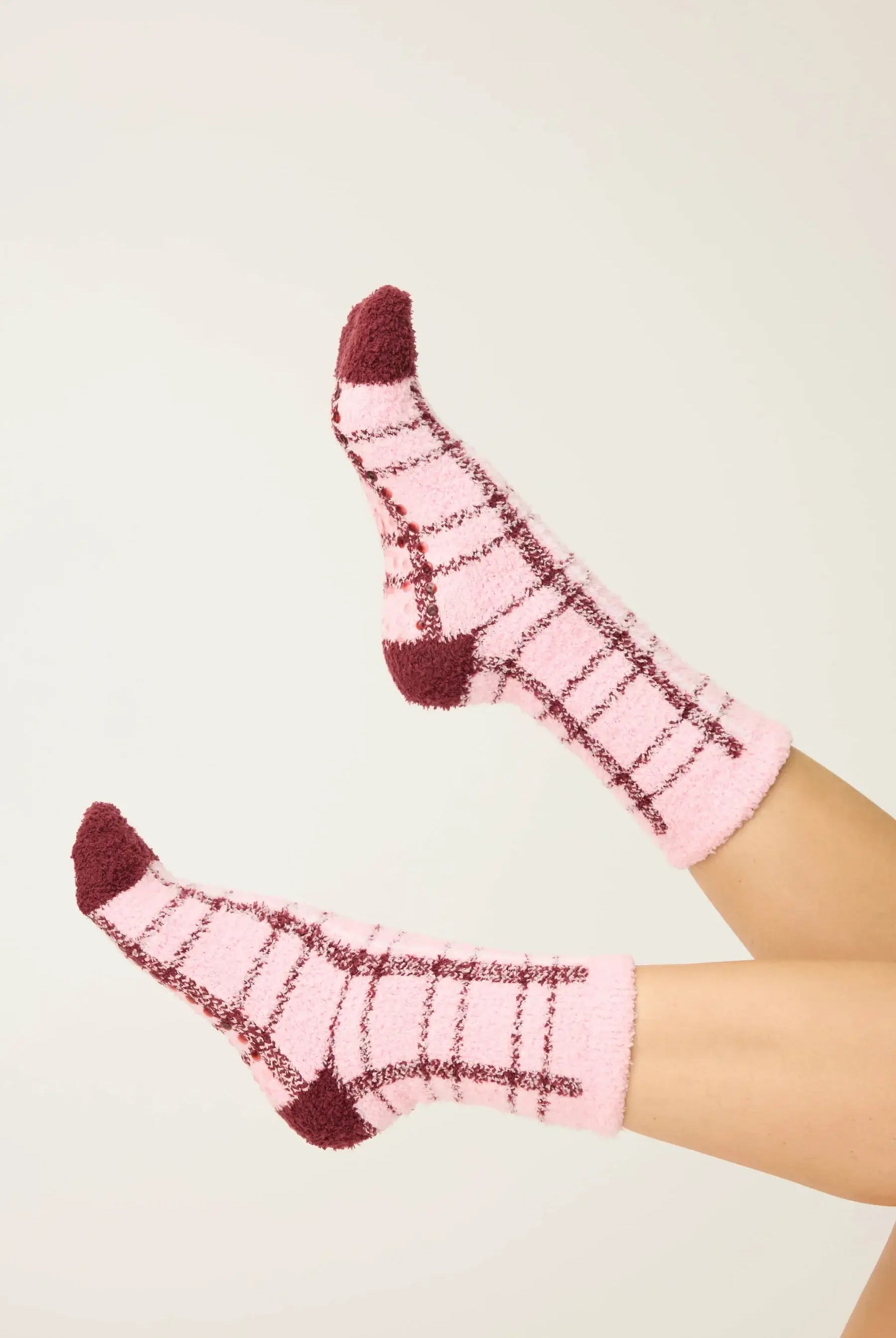 PJ Salvage Pink & Burgundy Plaid Fuzzy Cozy Crew Socks
