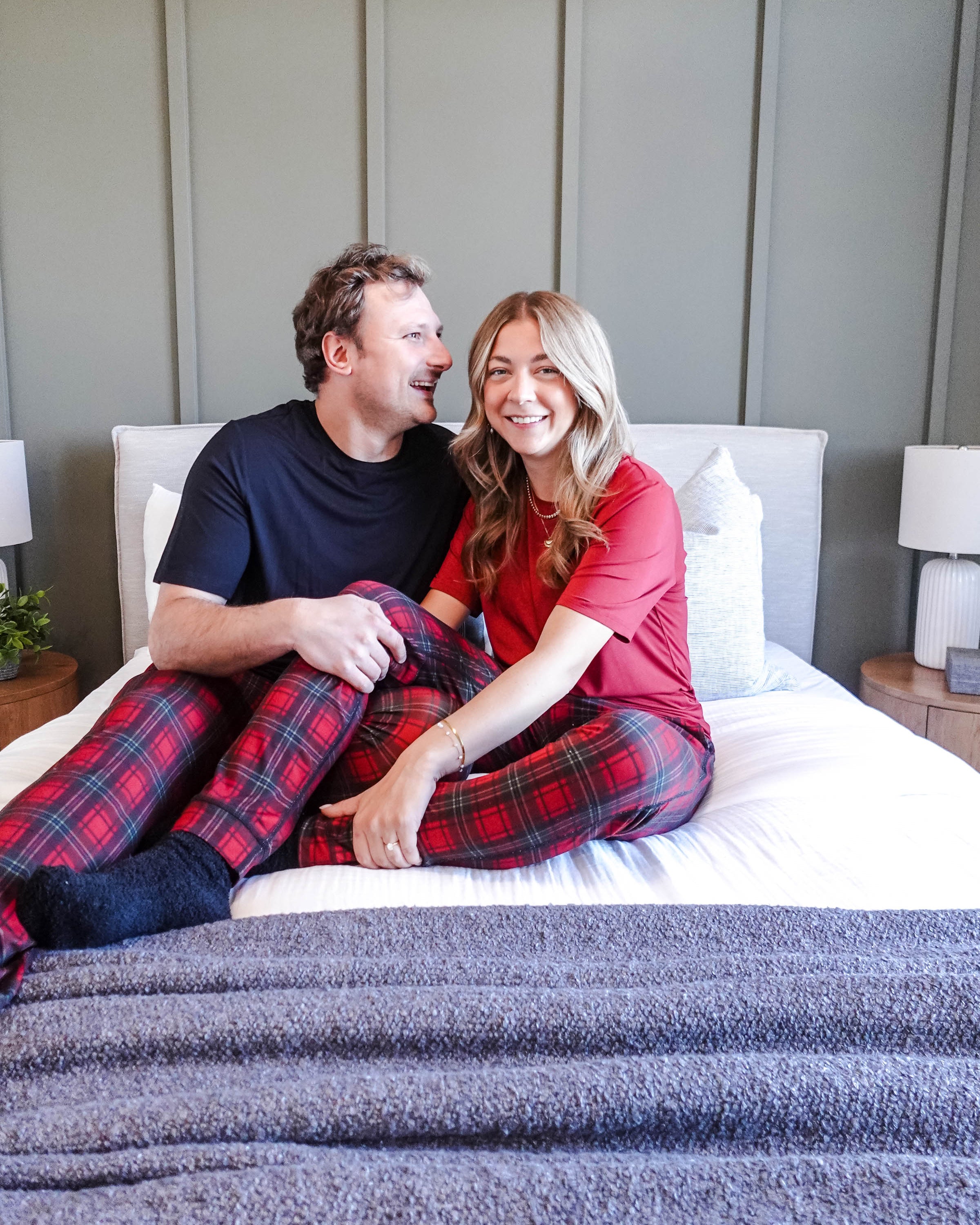 unisex joggers for men and women holiday red plaid print in soft bamboo fabric