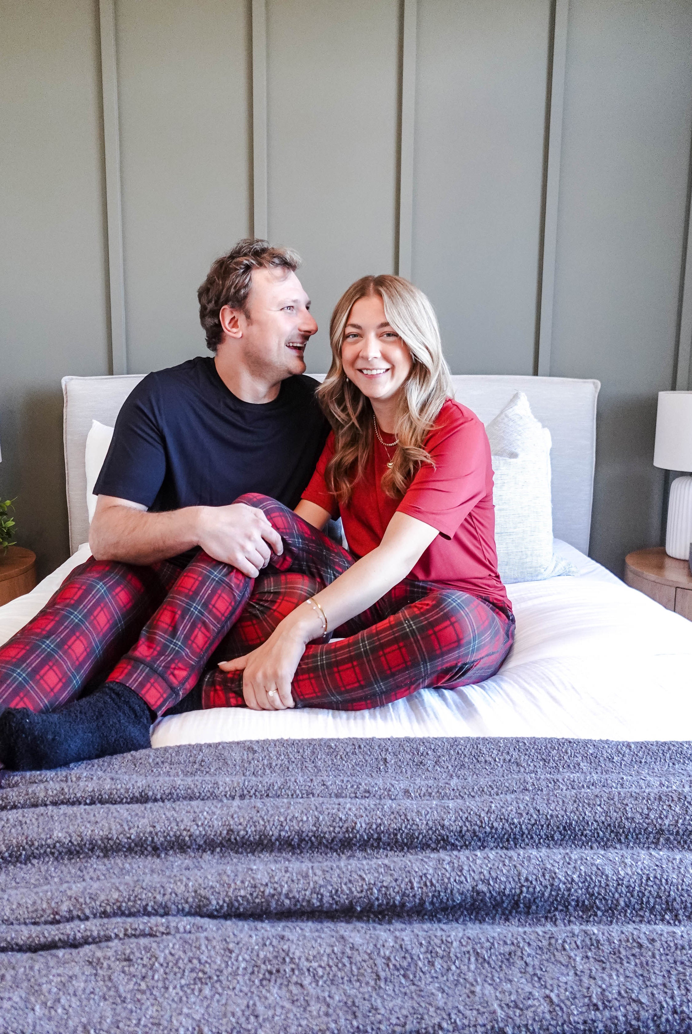 unisex joggers for men and women holiday red plaid print in soft bamboo fabric