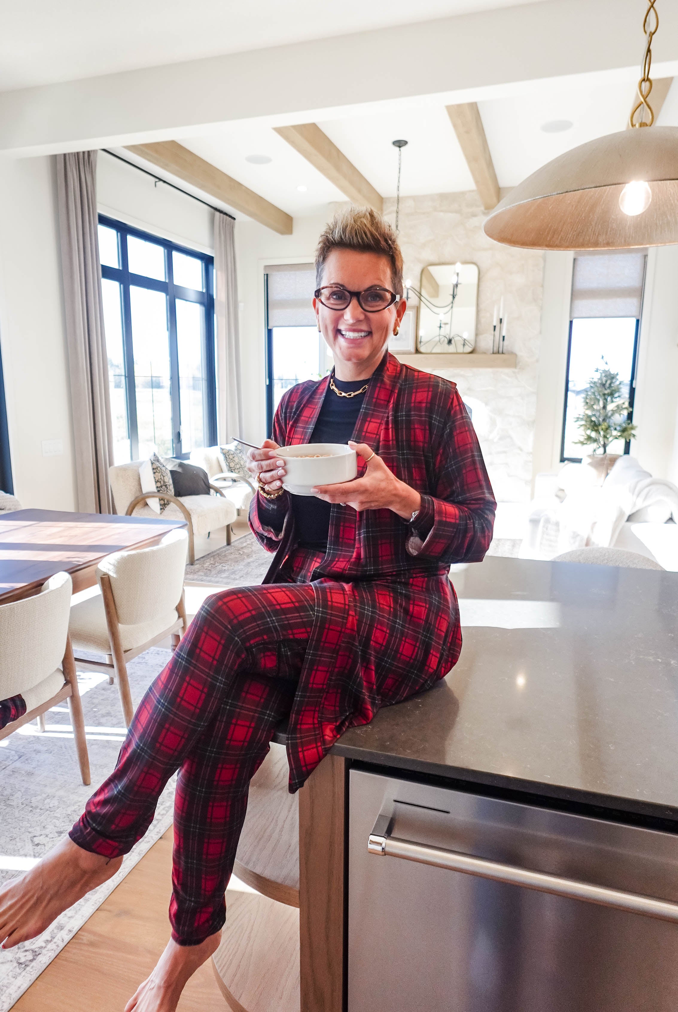 women's red plaid holiday robe in soft bamboo fabric for hot flashes and menopause symptoms