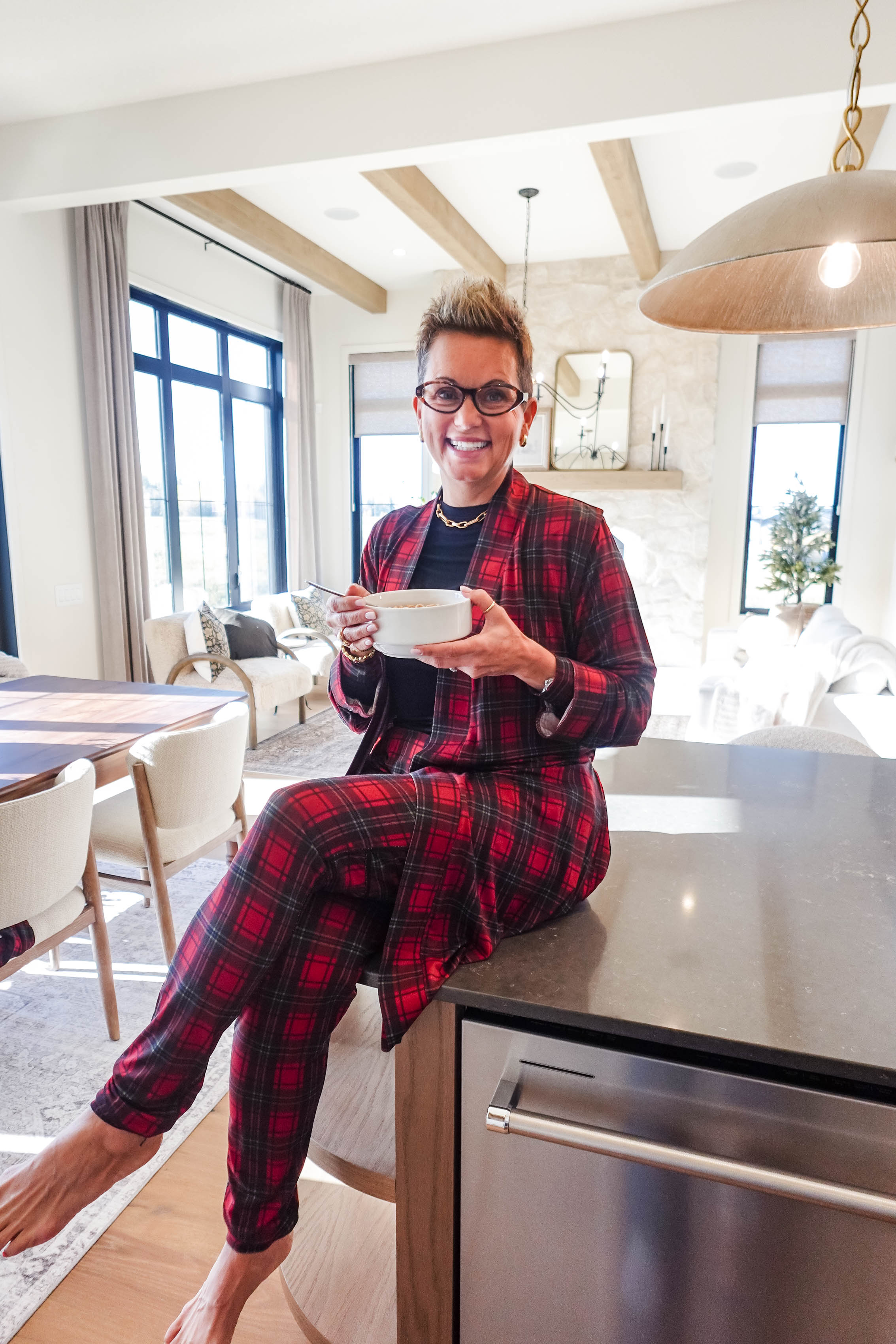 women's red plaid holiday robe in soft bamboo fabric for hot flashes and menopause symptoms