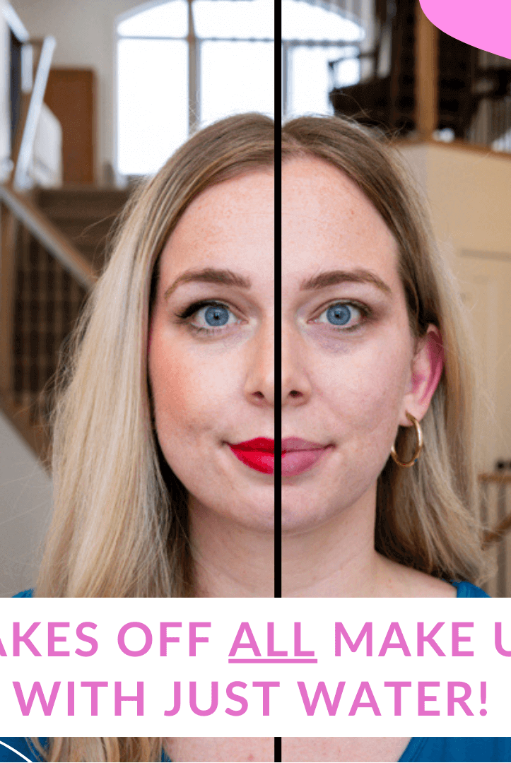 infographic for Remove It Makeup Erasing Cloth showing the difference on model before and after using the makeup face cloth. One side shows heavy makeup, the other shows the makeup completely removed and the model looking fresh faced