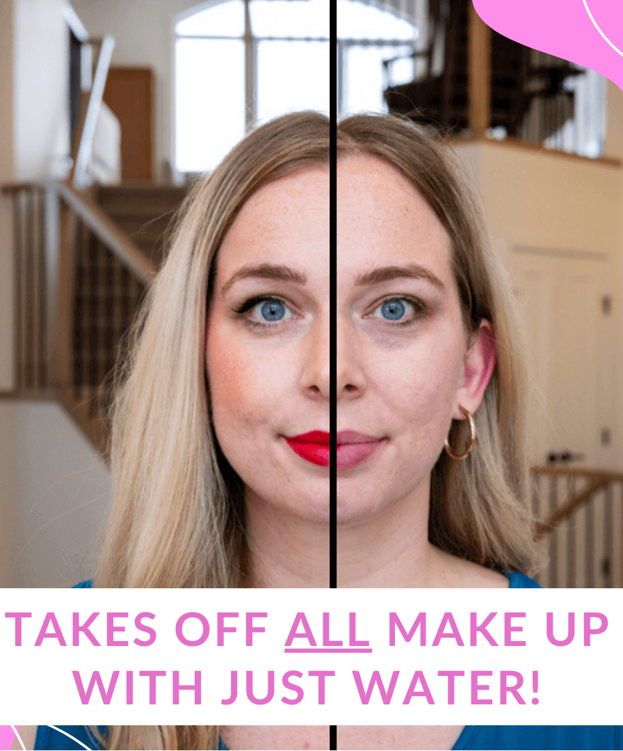 infographic for Remove It Makeup Erasing Cloth showing the difference on model before and after using the makeup face cloth. One side shows heavy makeup, the other shows the makeup completely removed and the model looking fresh faced