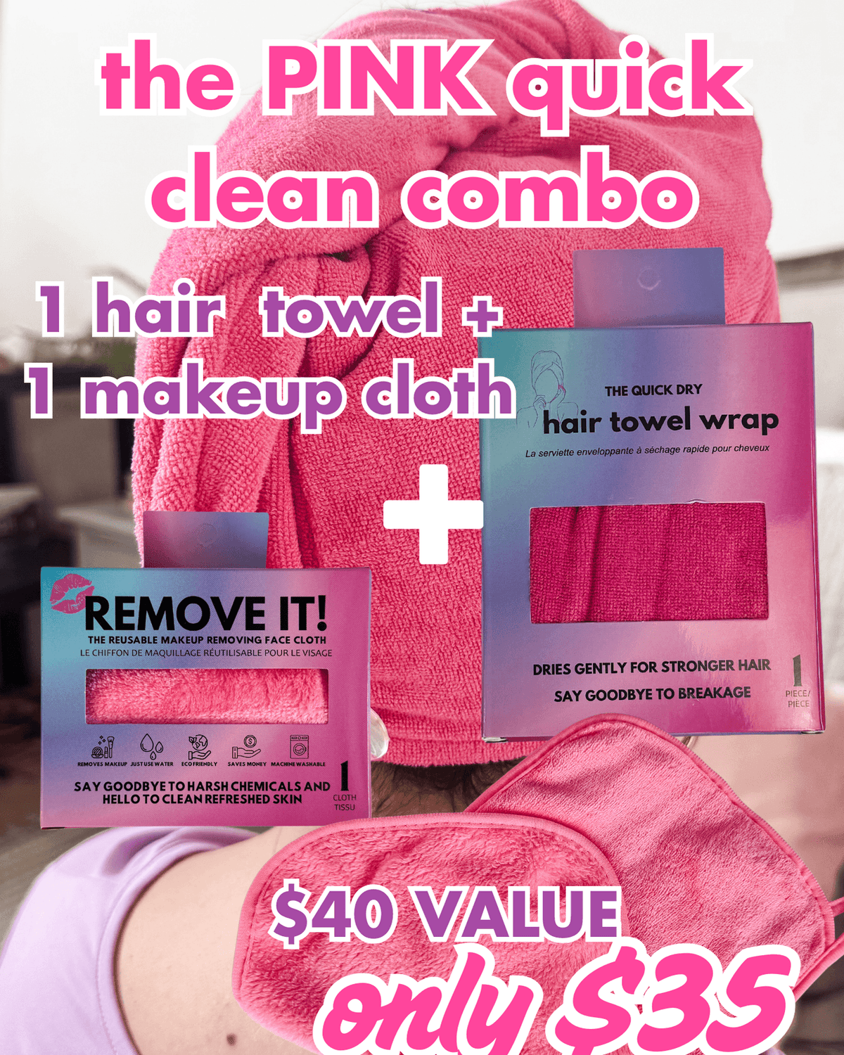 Reusable Makeup Cloth + Quick Dry Hair Towel Combo Set | Pink - Remove It - Cloud Nine Pajamas