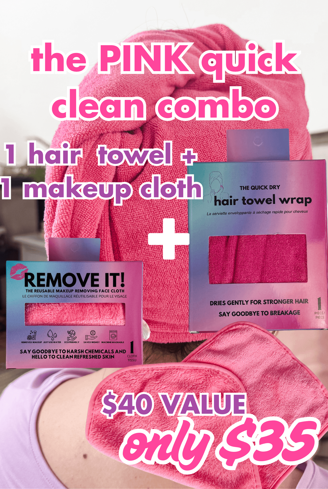 Reusable Makeup Cloth + Quick Dry Hair Towel Combo Set | Pink - Remove It - Cloud Nine Pajamas