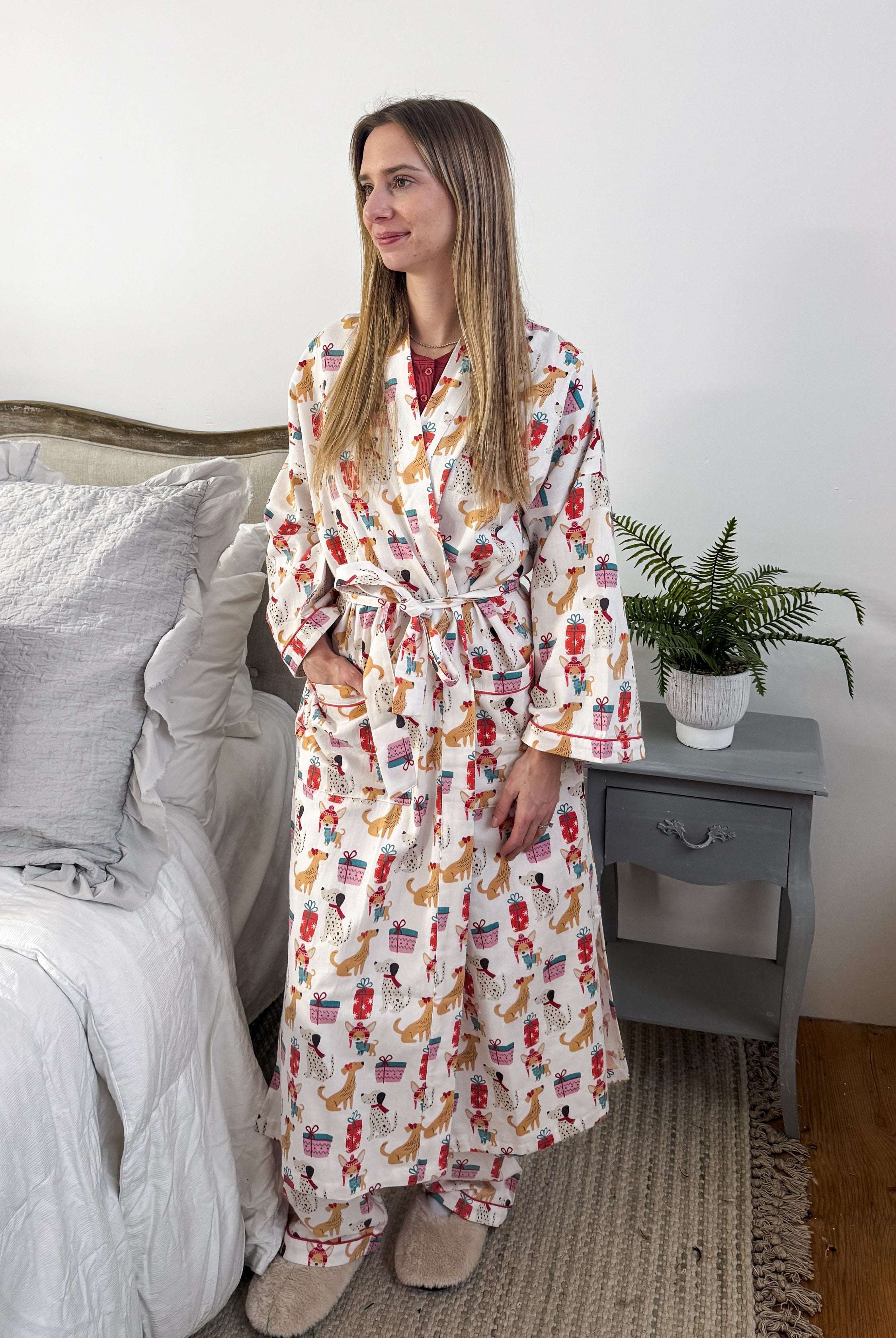 women's long flannel robe with dog print for christmas by Mahogany